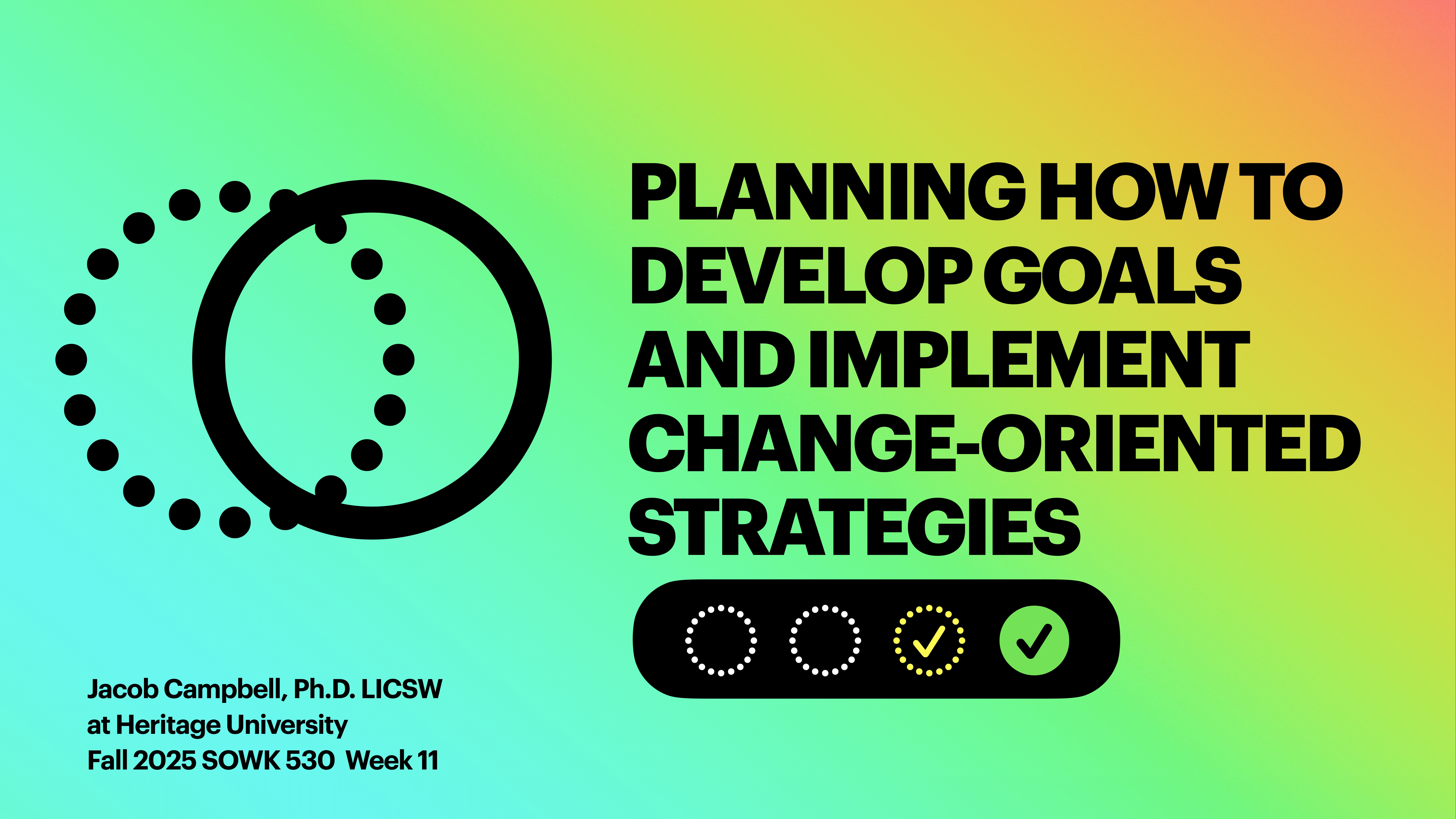 Circles, one dotted and one solid, overlap on a gradient background. Bold text reads: 'PLANNING HOW TO DEVELOP GOALS AND IMPLEMENT CHANGE-ORIENTED STRATEGIES.' Additional text: 'Jacob Campbell, Ph.D. LICSW at Heritage University Fall 2025 SOWK 530 Week 11.'