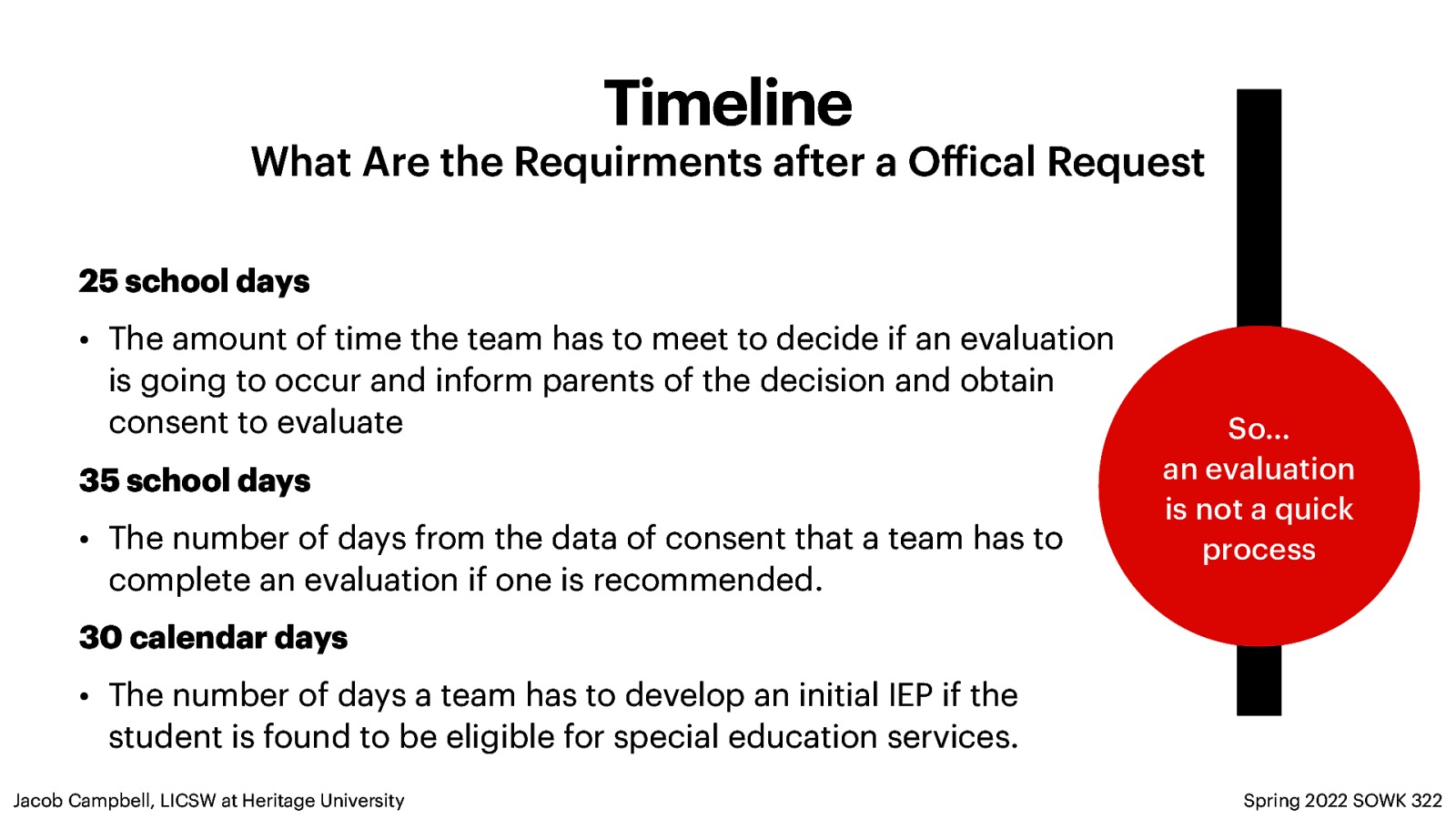 Timeline What Are the Requirments after a O ical Request 25 school days • The amount of time the team has to meet to decide if an evaluation is going to occur and inform parents of the decision and obtain consent to evaluate 35 school days • The number of days from the data of consent that a team has to complete an evaluation if one is recommended. So… an evaluation is not a quick process 30 calendar days • The number of days a team has to develop an initial IEP if the student is found to be eligible for special education services. Spring 2022 SOWK 322 ff Jacob Campbell, LICSW at Heritage University
