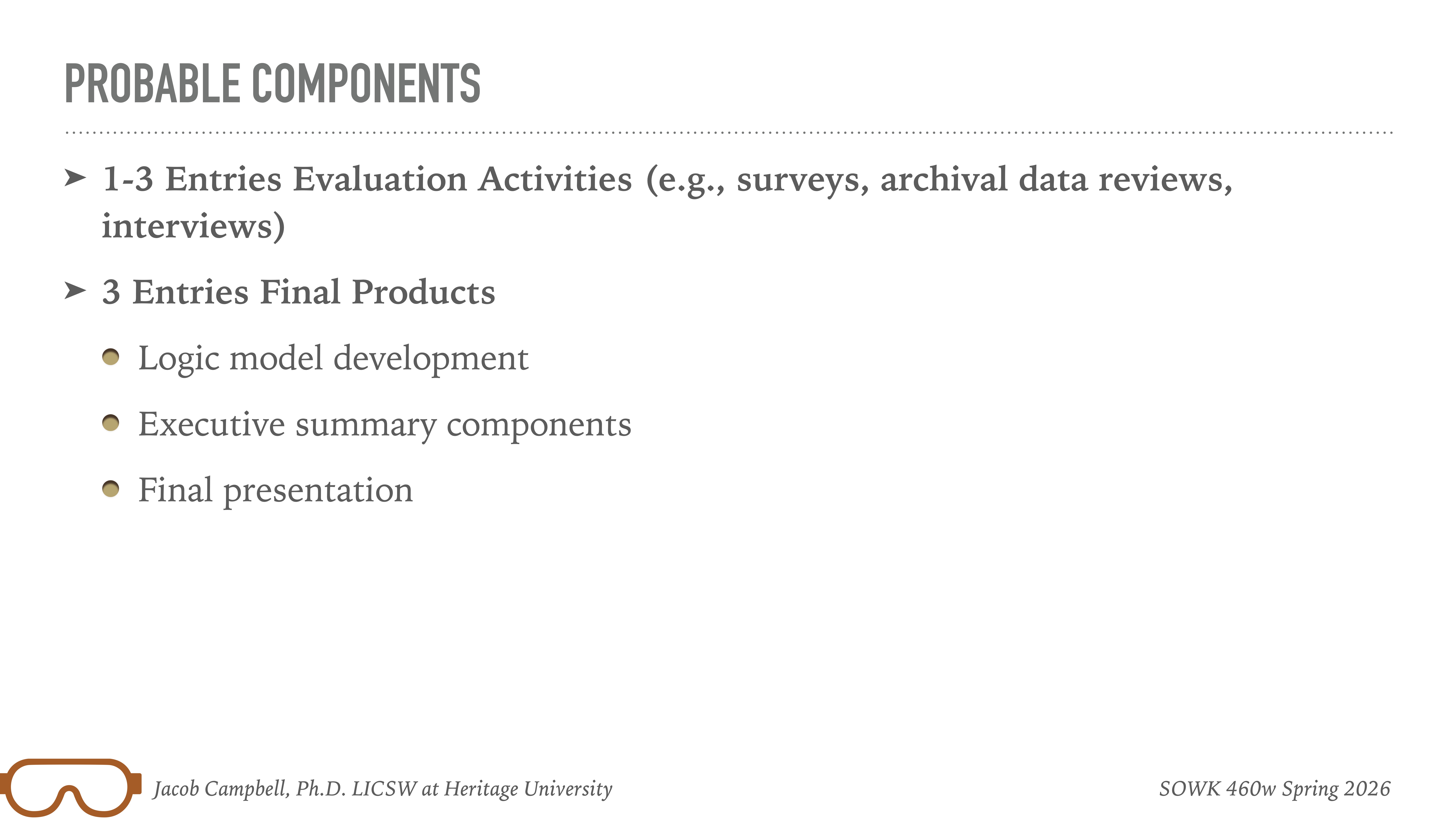 Slide titled 'Probable Components' lists evaluation activities (surveys, reviews) and final products (logic model, executive summary, presentation). Bottom text credits Jacob Campbell at Heritage University, SOWK 460w Spring 2026.