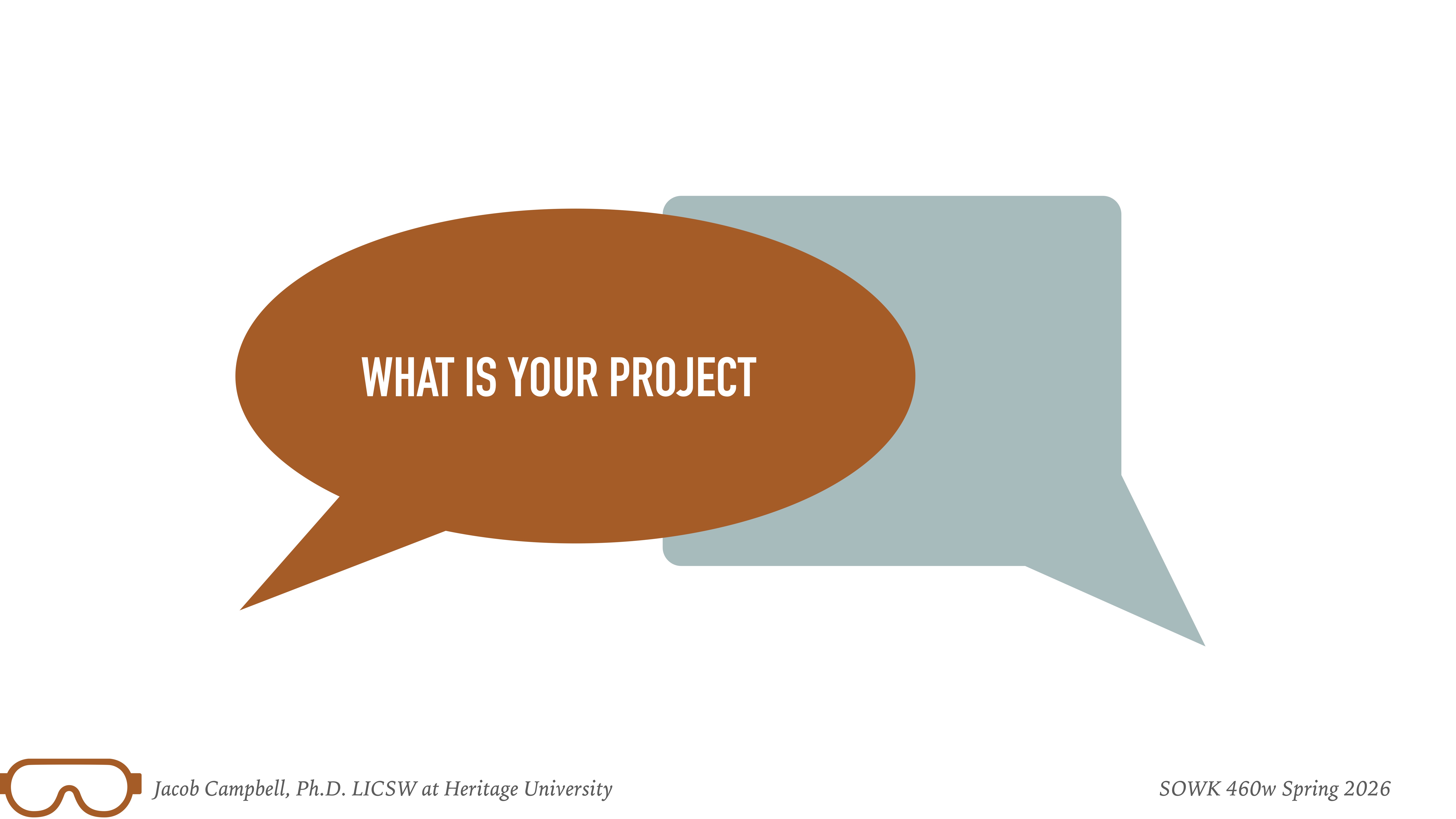 Two overlapping speech bubbles, one brown asking 'WHAT IS YOUR PROJECT,' the other gray. Background is white. Text: 'Jacob Campbell, Ph.D., LICSW at Heritage University' and 'SOWK 460w Spring 2026.'