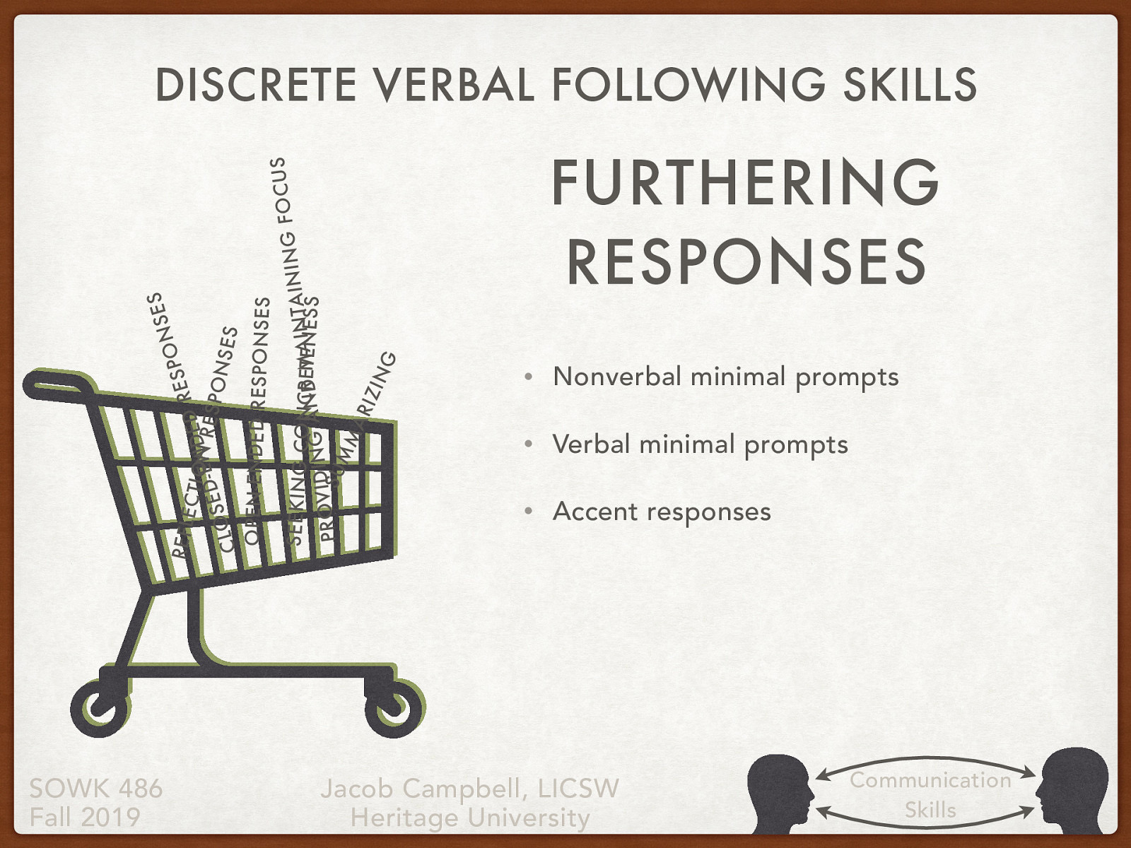   Minimal prompts signal the social worker’s attentiveness and encourage the client to continue verbalizing.   Nonverbal minimal prompts consist of nodding the head, using facial expressions, or employing gestures that convey receptivity, interest, and commitment to understanding. They implicitly convey the message, “I am with you; please continue.”  Verbal minimal prompts consist of brief messages that convey interest and encourage or request expanded verbalizations along the lines of the client’s previous expressions.    Accent responses (Hackney & Cormier, 2005) involve repeating, in a questioning tone of voice or with emphasis, a word or a short phrase. Suppose a client says, “I’ve really had it with the way my supervisor at work is treating me.” The social worker might reply, “Had it?” 
