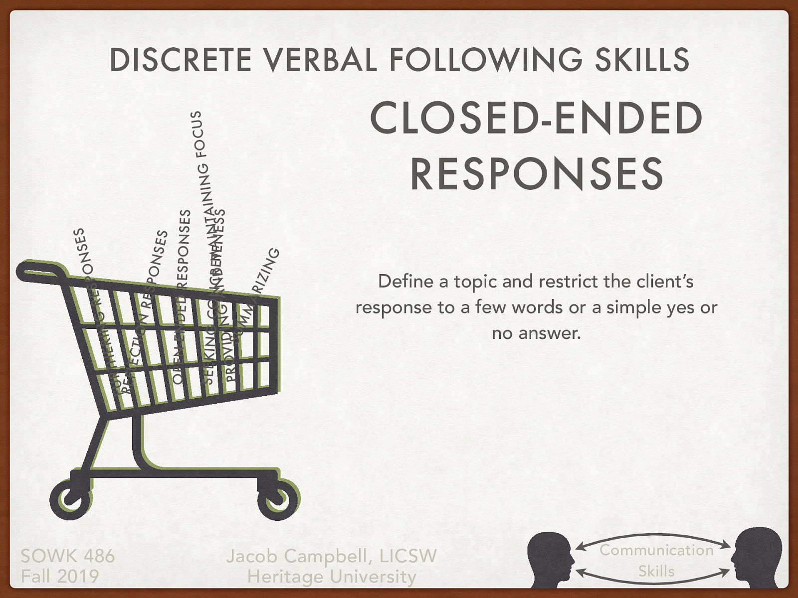 Closed-ended questions define a topic and restrict the client’s response to a few words or a simple yes or no answer.
