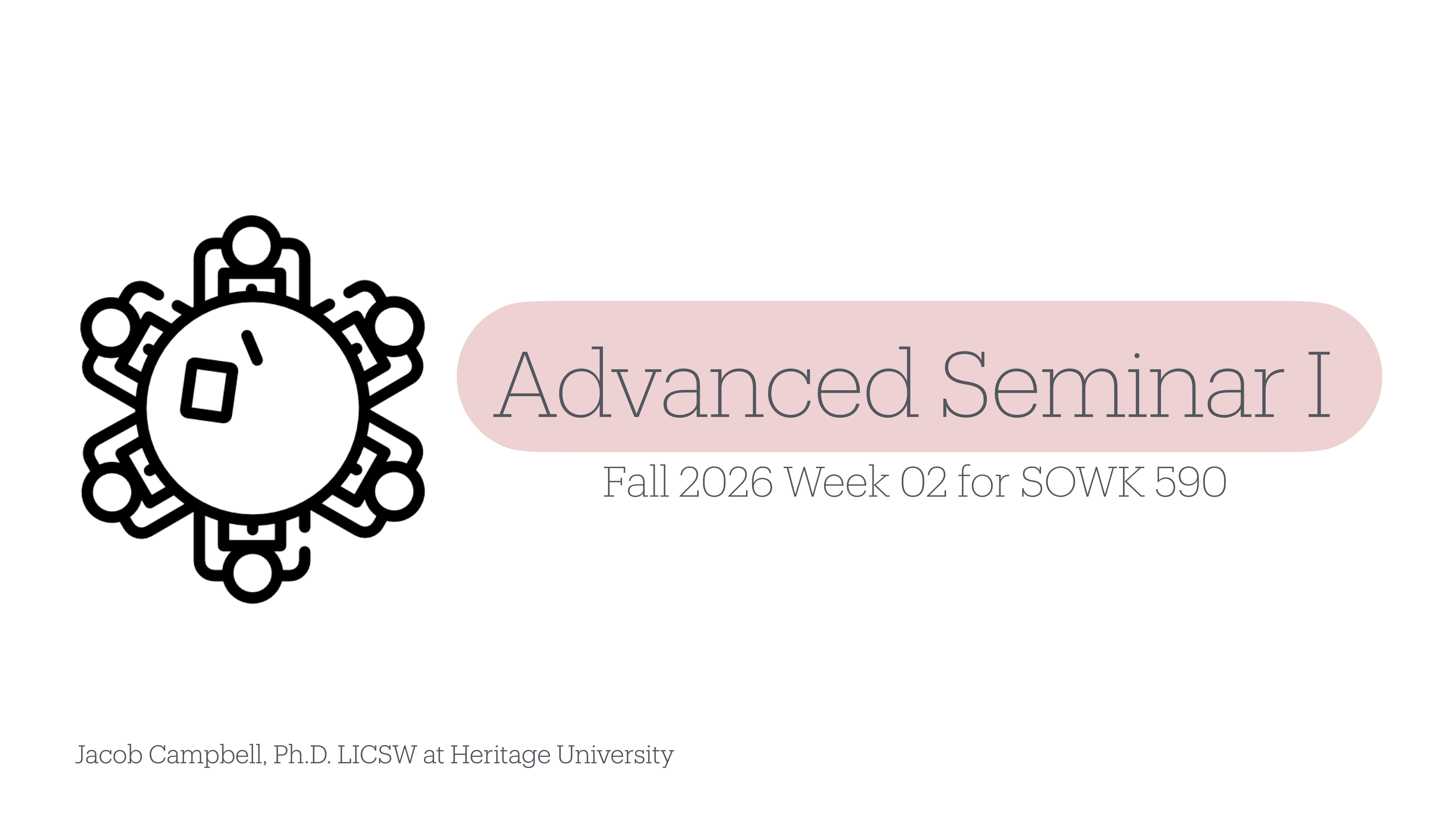 Icon with abstract figures surrounding a central circle, suggesting teamwork. Text reads: 'Advanced Seminar I, Fall 2026 Week 02 for SOWK 590.' Jacob Campbell, Ph.D., LCSW at Heritage University.