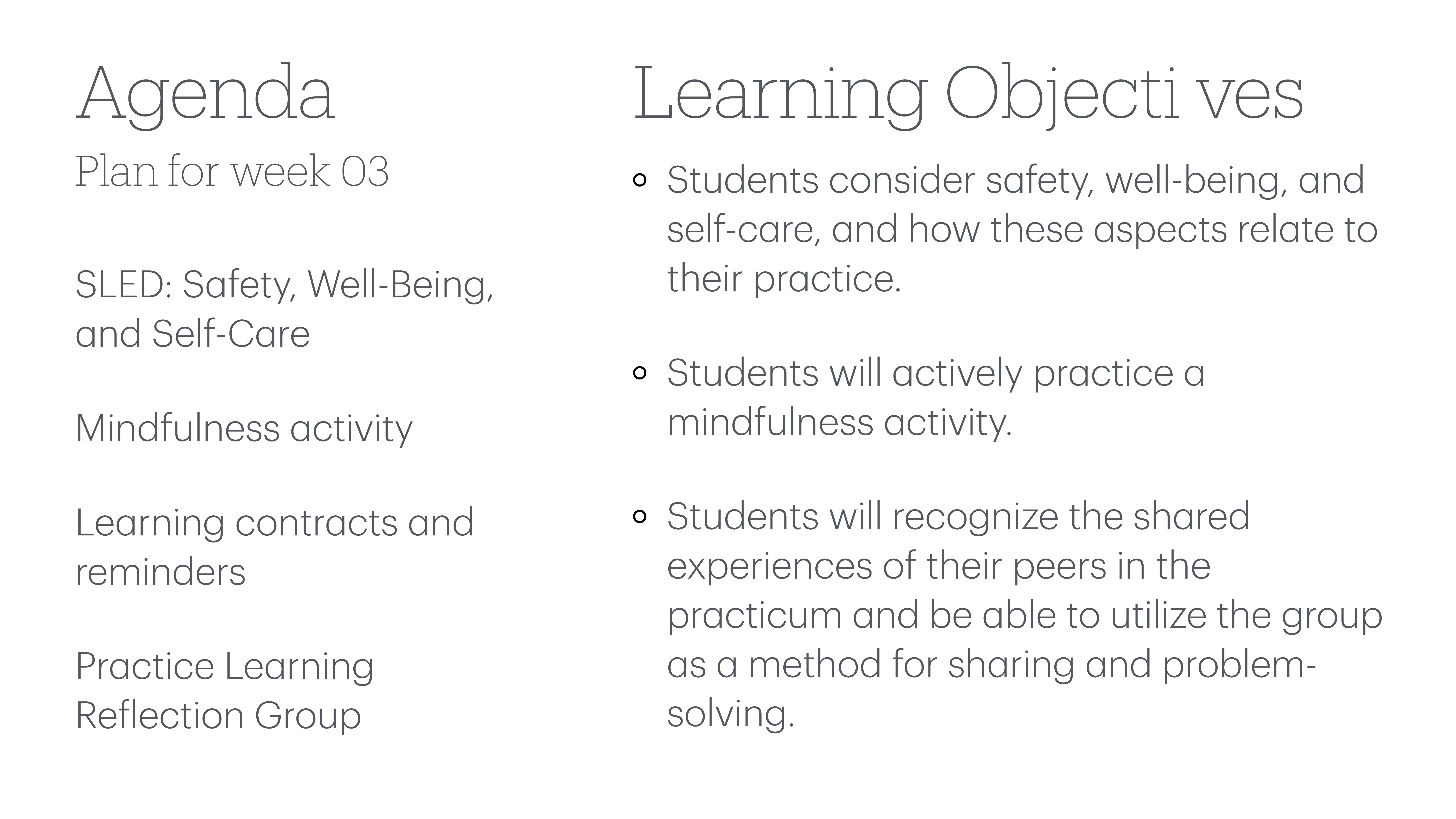 A presentation slide displays a weekly agenda outlining topics like safety, mindfulness, and self-care, alongside learning objectives focused on practice and group collaboration for problem-solving and shared experiences.