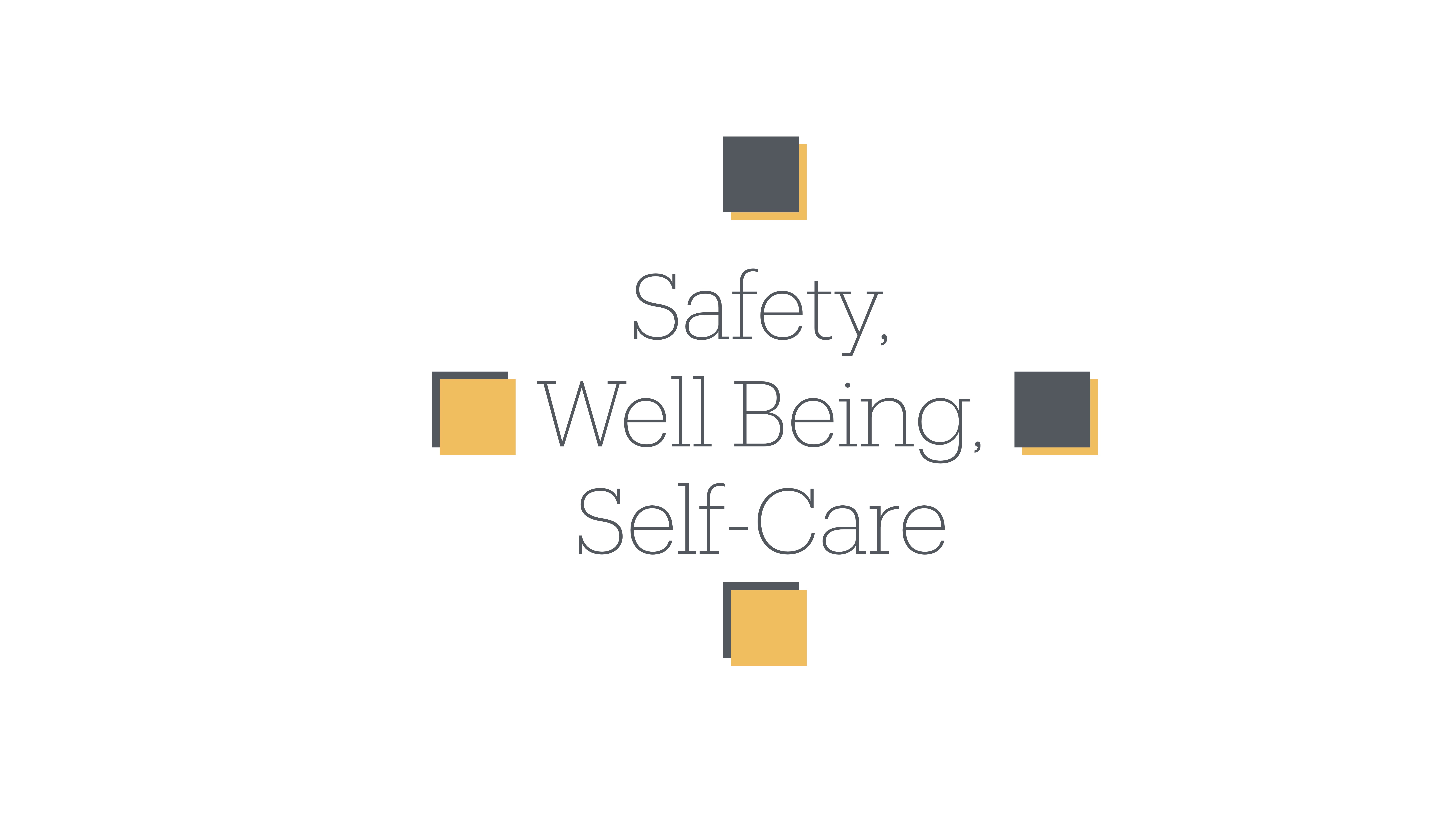 Text centered reads 'Safety, Well Being, Self-Care' surrounded by alternating dark and light square shapes, set against a white background.