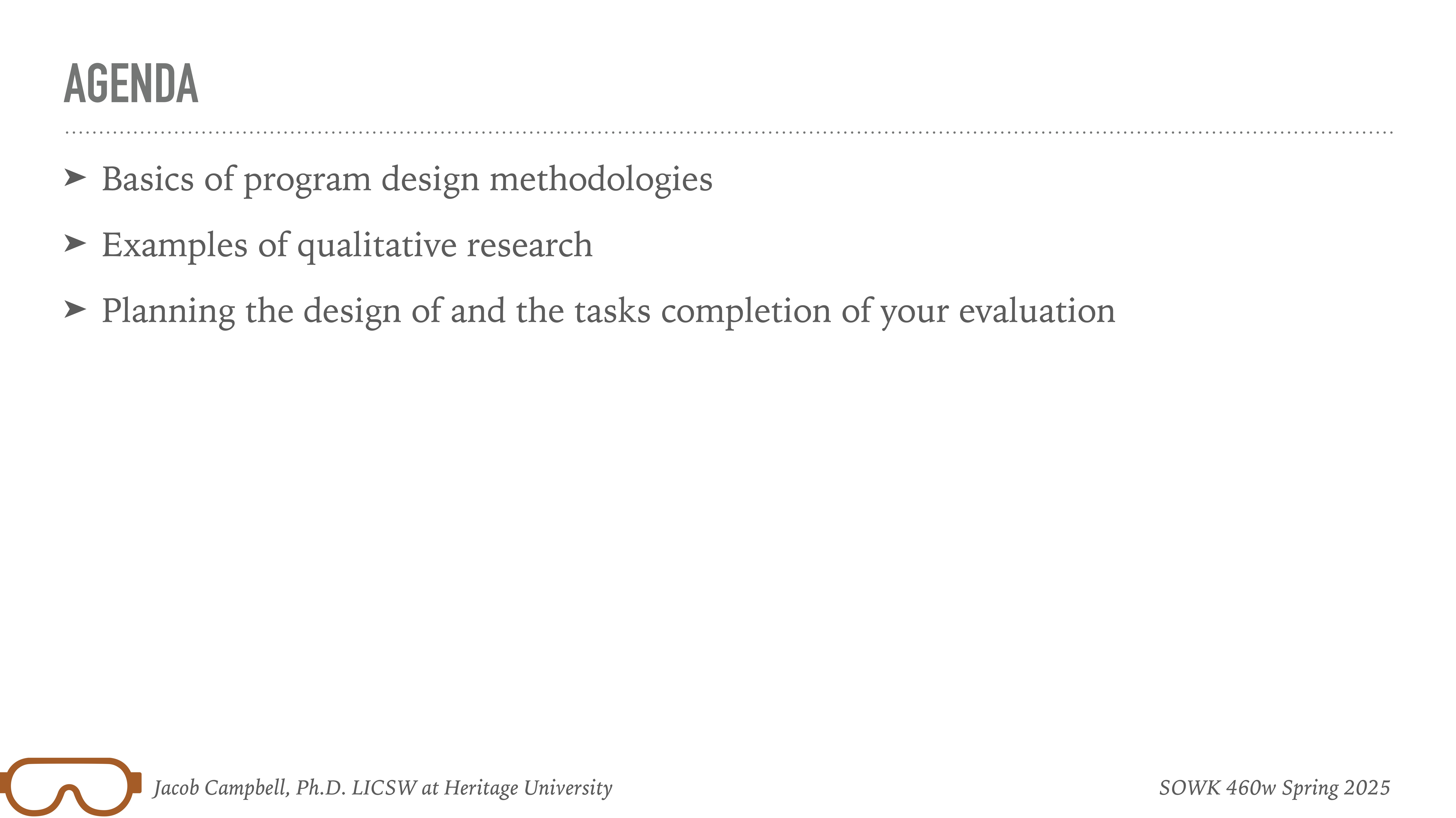 Slide presents an agenda. Bullet points cover 'Basics of program design methodologies,' 'Examples of qualitative research,' and 'Planning the design of and the tasks completion of your evaluation.' Footer includes the name Jacob Campbell and SOWK 460w Spring 2025.