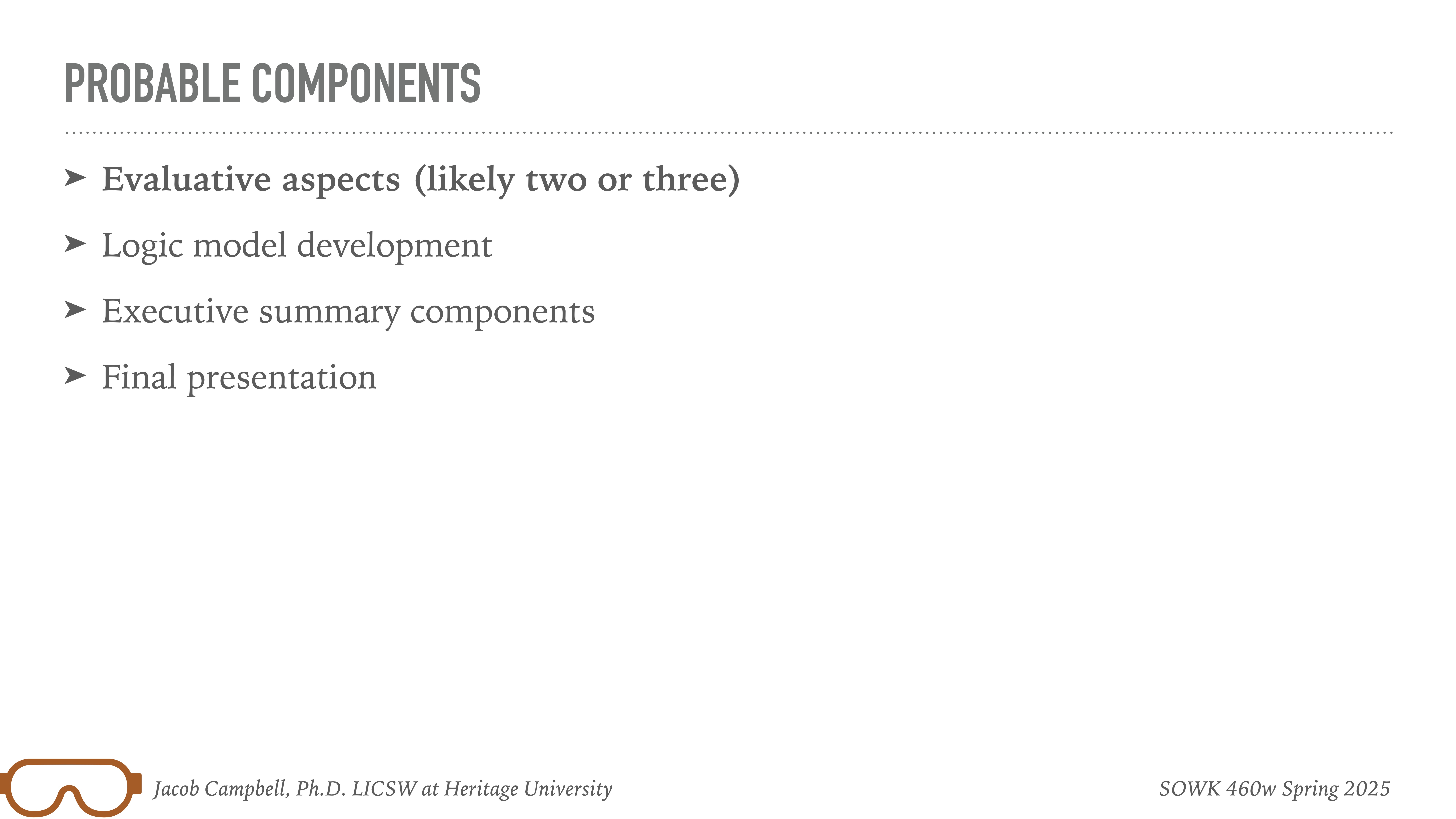 Slide with text lists four components: 'Evaluative aspects,' 'Logic model development,' 'Executive summary components,' and 'Final presentation.' Bottom text mentions Jacob Campbell, Ph.D., Heritage University, and 'SOWK 460w Spring 2025.'