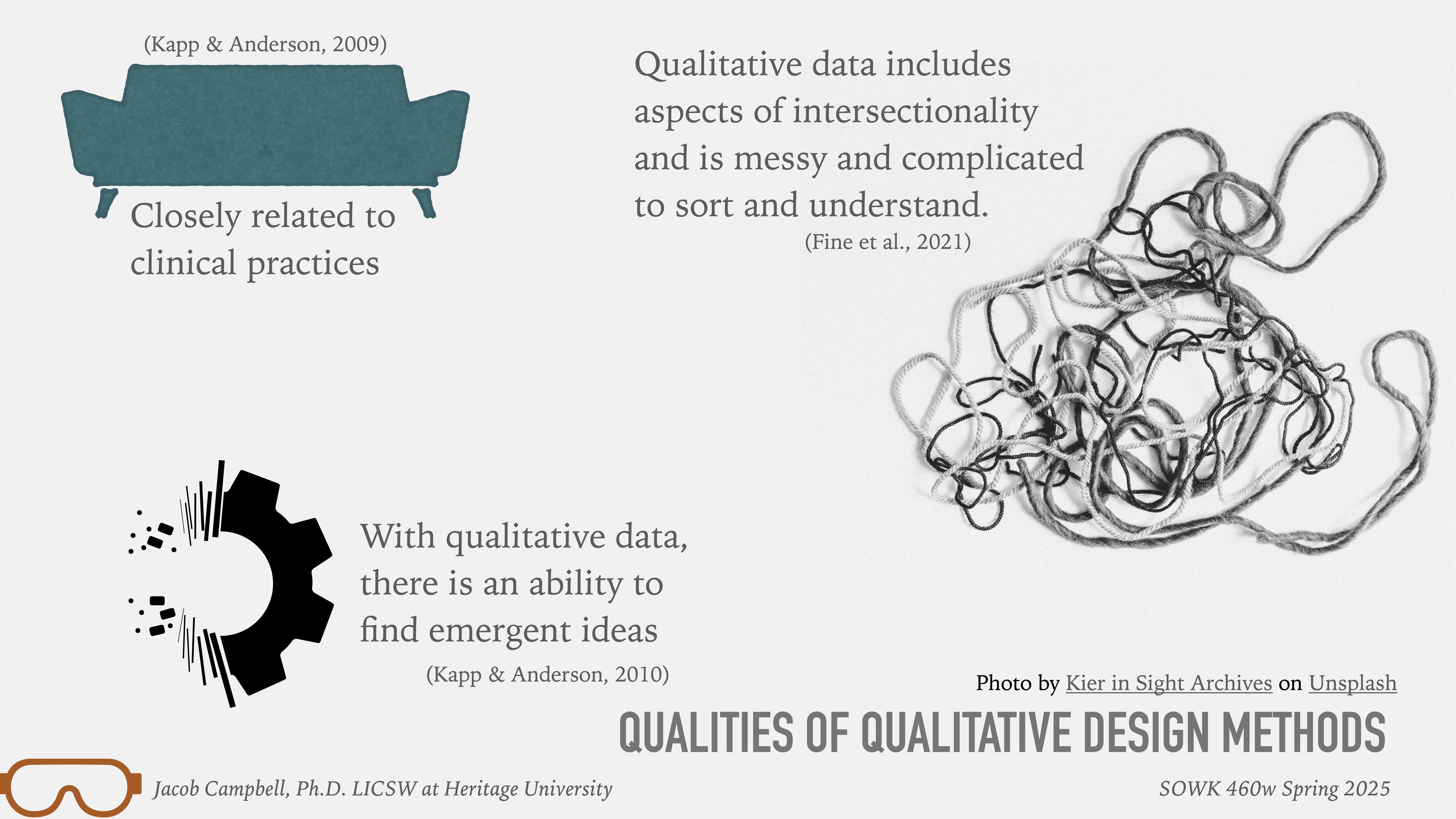 The slide features a tangled string, symbolizing complexity, with text discussing qualitative design methods. Key points mention clinical practice connection, intersectionality, and emergent ideas. It includes references and course information.