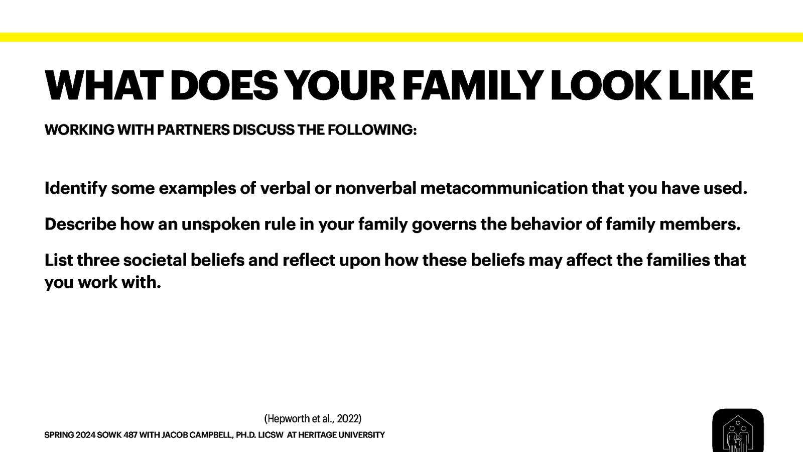 WHAT DOES YOUR FAMILY LOOK LIKE WORKING WITH PARTNERS DISCUSS THE FOLLOWING: Identify some examples of verbal or nonverbal metacommunication that you have used. Describe how an unspoken rule in your family governs the behavior of family members. List three societal beliefs and re lect upon how these beliefs may a ect the families that you work with. (Hepworth et al., 2022) ff f SPRING 2024 SOWK 487 WITH JACOB CAMPBELL, PH.D. LICSW AT HERITAGE UNIVERSITY
