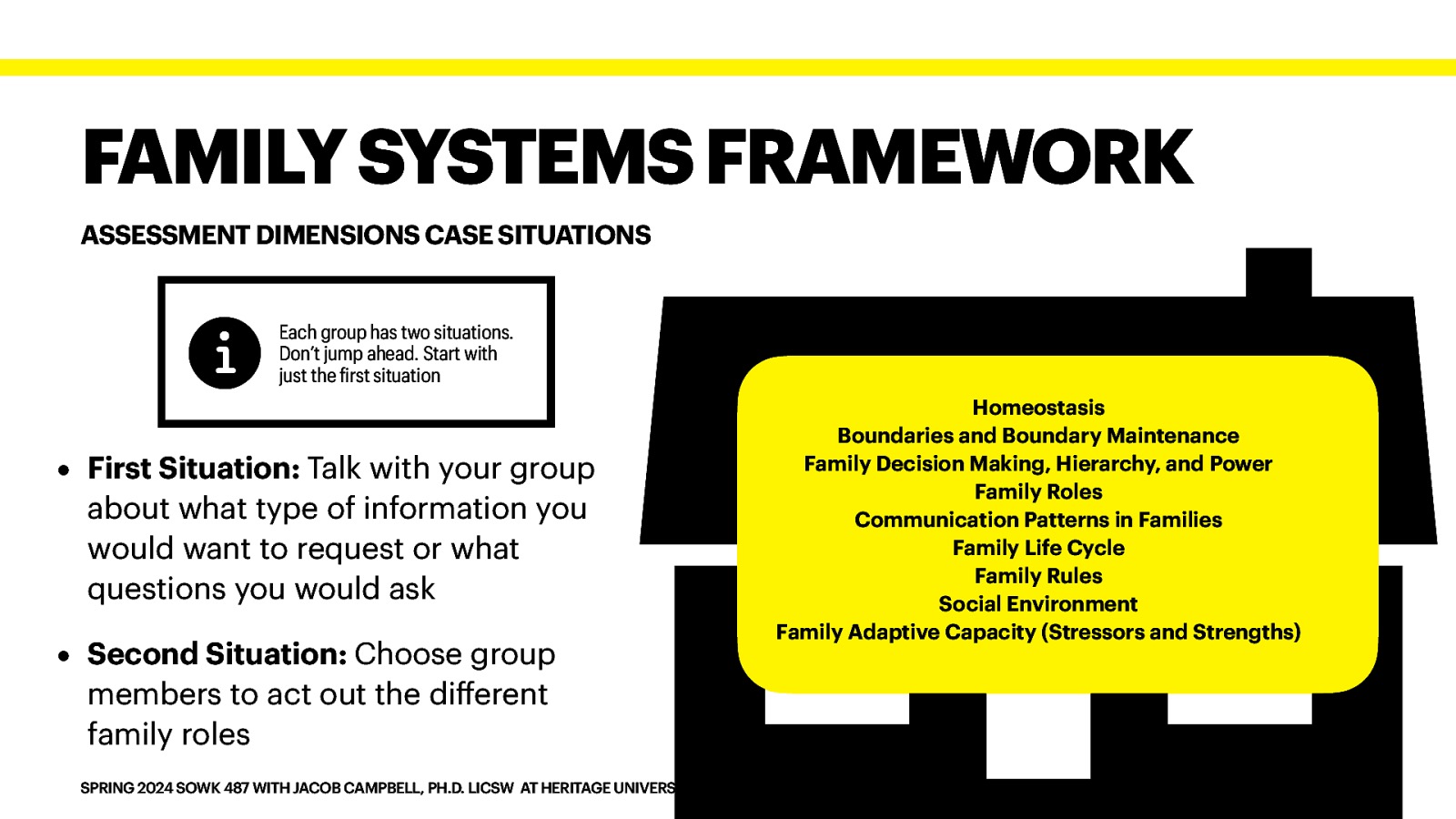 ASSESSMENT DIMENSIONS CASE SITUATIONS Each group has two situations. Don’t jump ahead. Start with just the irst situation • First Situation: Talk with your group about what type of information you would want to request or what questions you would ask • Second Situation: Choose group members to act out the di erent family roles ff SPRING 2024 SOWK 487 WITH JACOB CAMPBELL, PH.D. LICSW AT HERITAGE UNIVERSITY f 􀅵 FAMILY SYSTEMS FRAMEWORK Homeostasis Boundaries and Boundary Maintenance Family Decision Making, Hierarchy, and Power Family Roles Communication Patterns in Families Family Life Cycle Family Rules Social Environment Family Adaptive Capacity (Stressors and Strengths)
