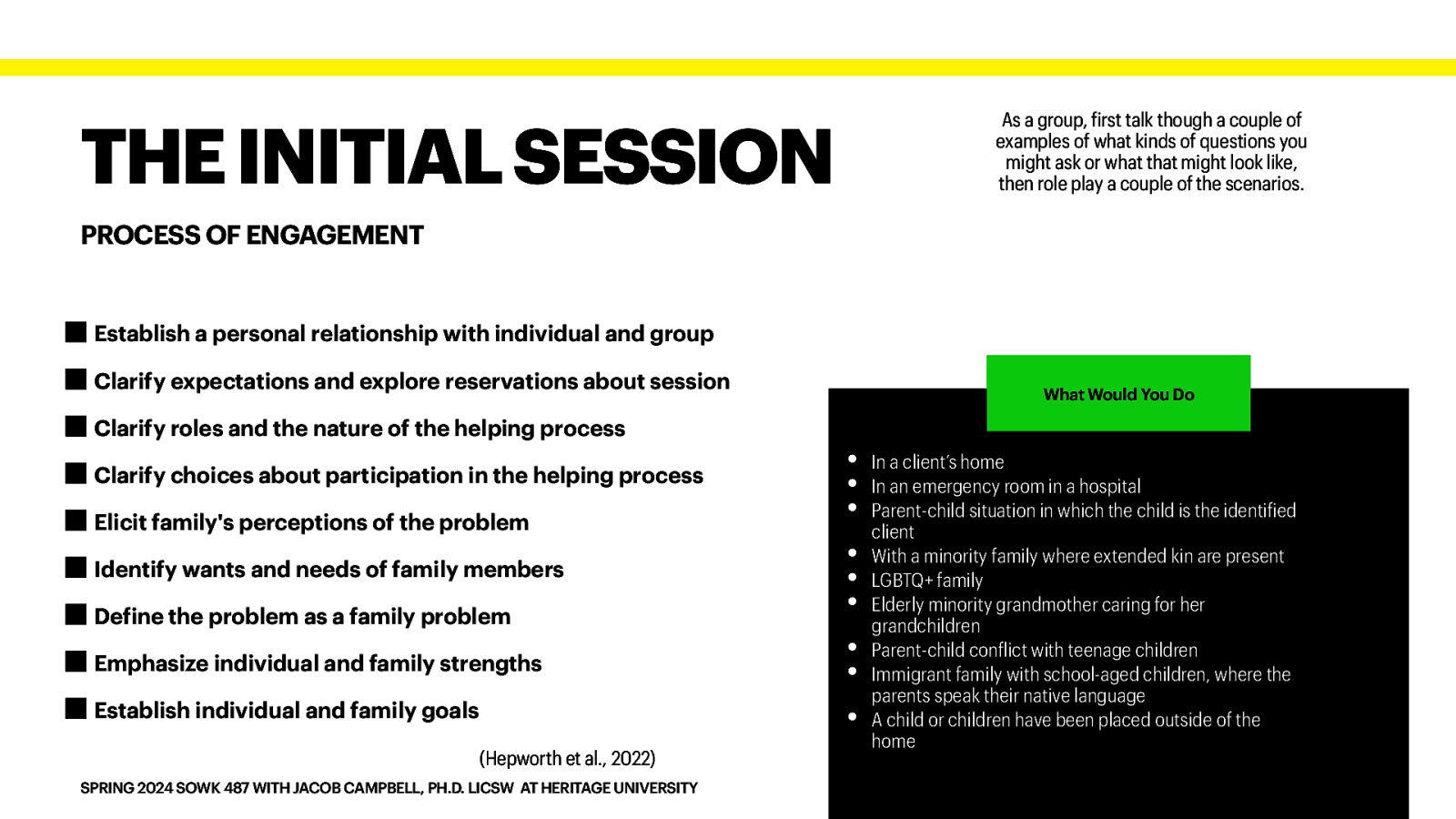 THE INITIAL SESSION As a group, irst talk though a couple of examples of what kinds of questions you might ask or what that might look like, then role play a couple of the scenarios. PROCESS OF ENGAGEMENT Establish a personal relationship with individual and group Clarify expectations and explore reservations about session Clarify roles and the nature of the helping process Clarify choices about participation in the helping process Elicit family’s perceptions of the problem Identify wants and needs of family members De ine the problem as a family problem Emphasize individual and family strengths Establish individual and family goals (Hepworth et al., 2022) f f f f SPRING 2024 SOWK 487 WITH JACOB CAMPBELL, PH.D. LICSW AT HERITAGE UNIVERSITY What Would You Do • • • • • • • • • In a client’s home In an emergency room in a hospital Parent-child situation in which the child is the identi ied client With a minority family where extended kin are present LGBTQ+ family Elderly minority grandmother caring for her grandchildren Parent-child con lict with teenage children Immigrant family with school-aged children, where the parents speak their native language A child or children have been placed outside of the home
