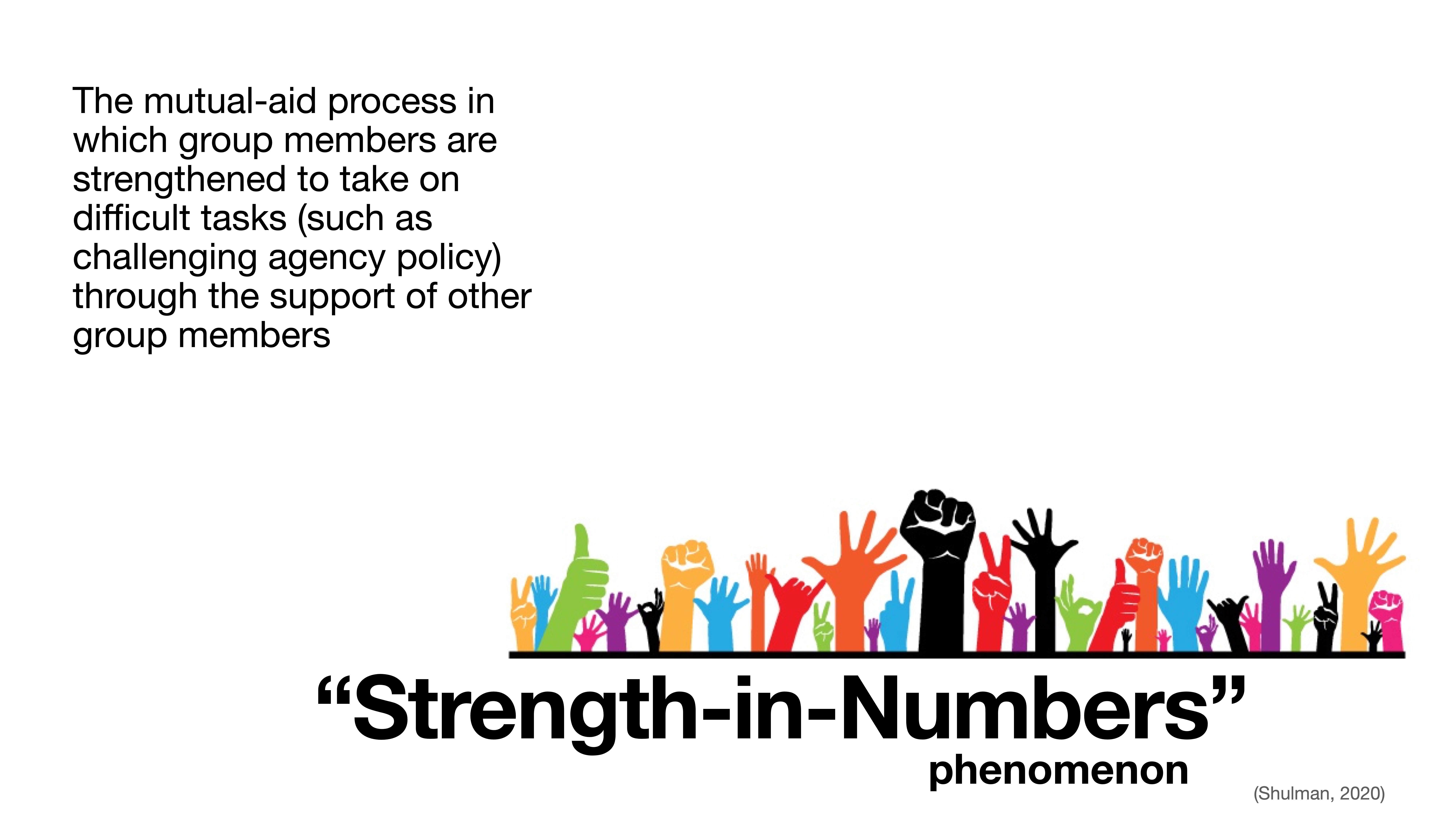 A row of colorful, raised hands is depicted, symbolizing unity. Accompanying text reads: 'The mutual-aid process... challenging agency policy... support of other group members.' Title: “Strength-in-Numbers” phenomenon. [Shulman, 2020].