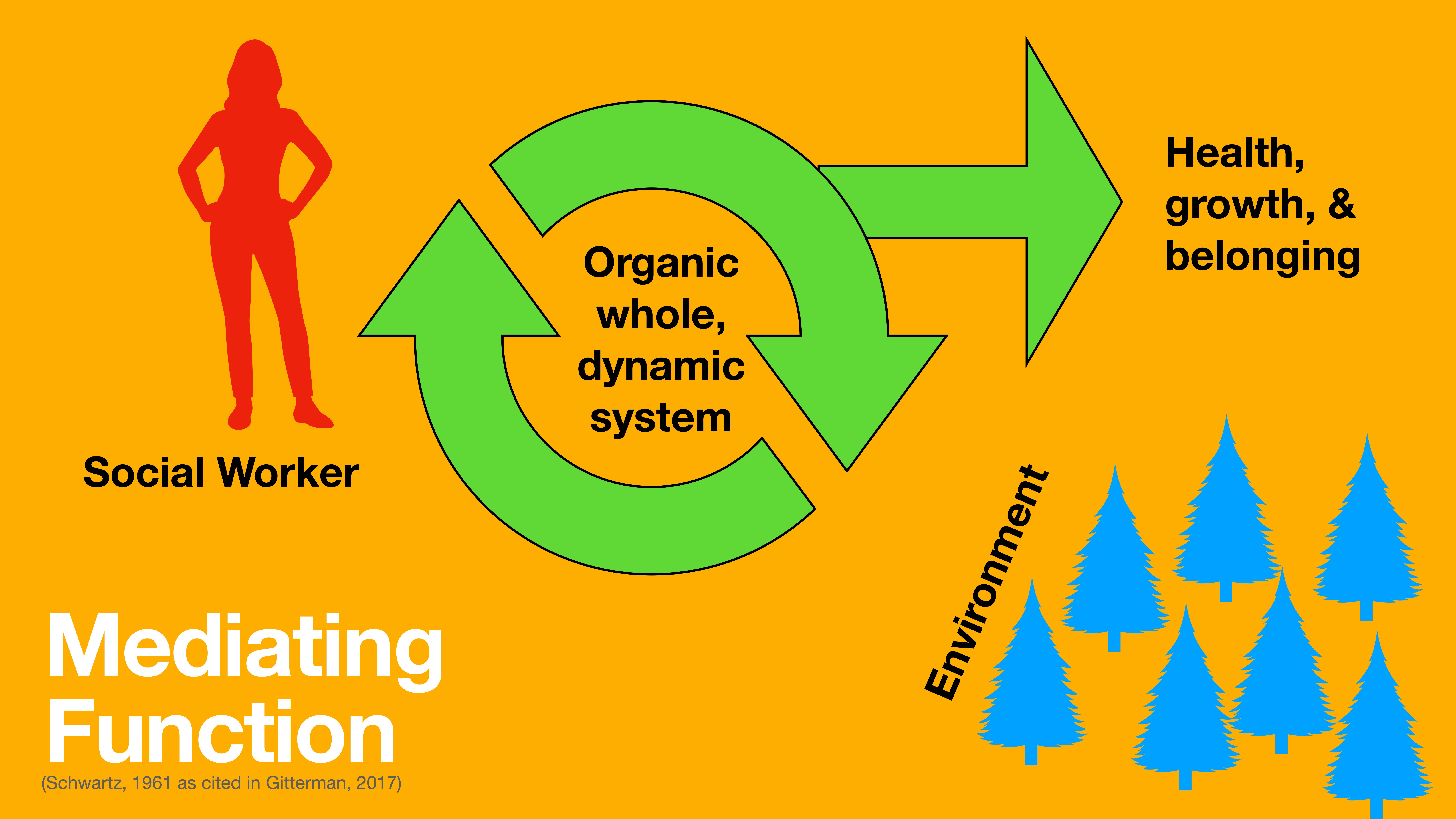 Silhouette of a social worker stands beside an arrowed cycle labeled 'Organic whole, dynamic system,' pointing to 'Health, growth, & belonging.' Blue trees represent 'Environment.' Text states 'Mediating Function.'