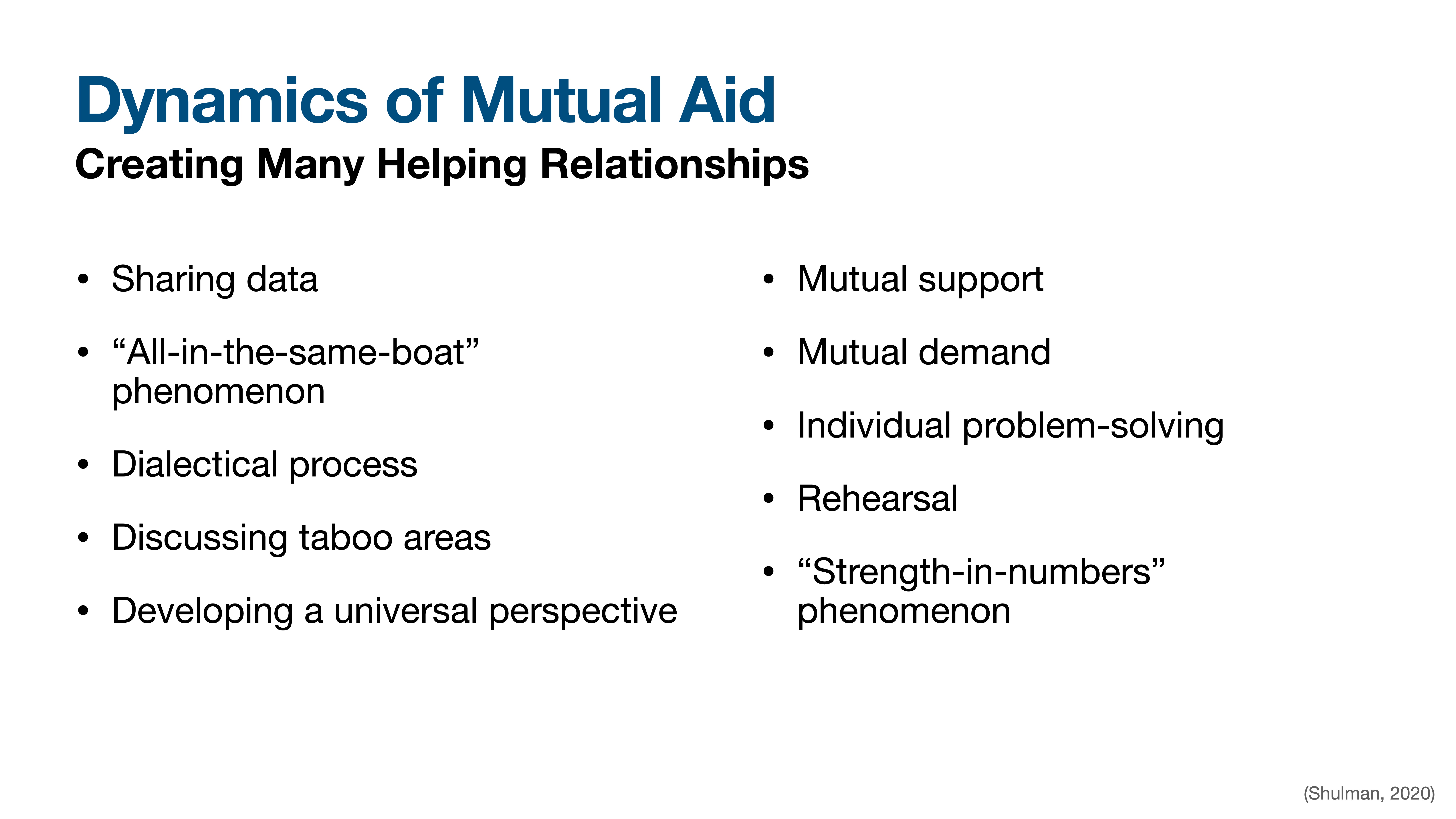Title slide lists dynamics of mutual aid creating helping relationships, including sharing data, mutual support, discussing taboo areas, and individual problem-solving. Citation: 'Shulman, 2020.'