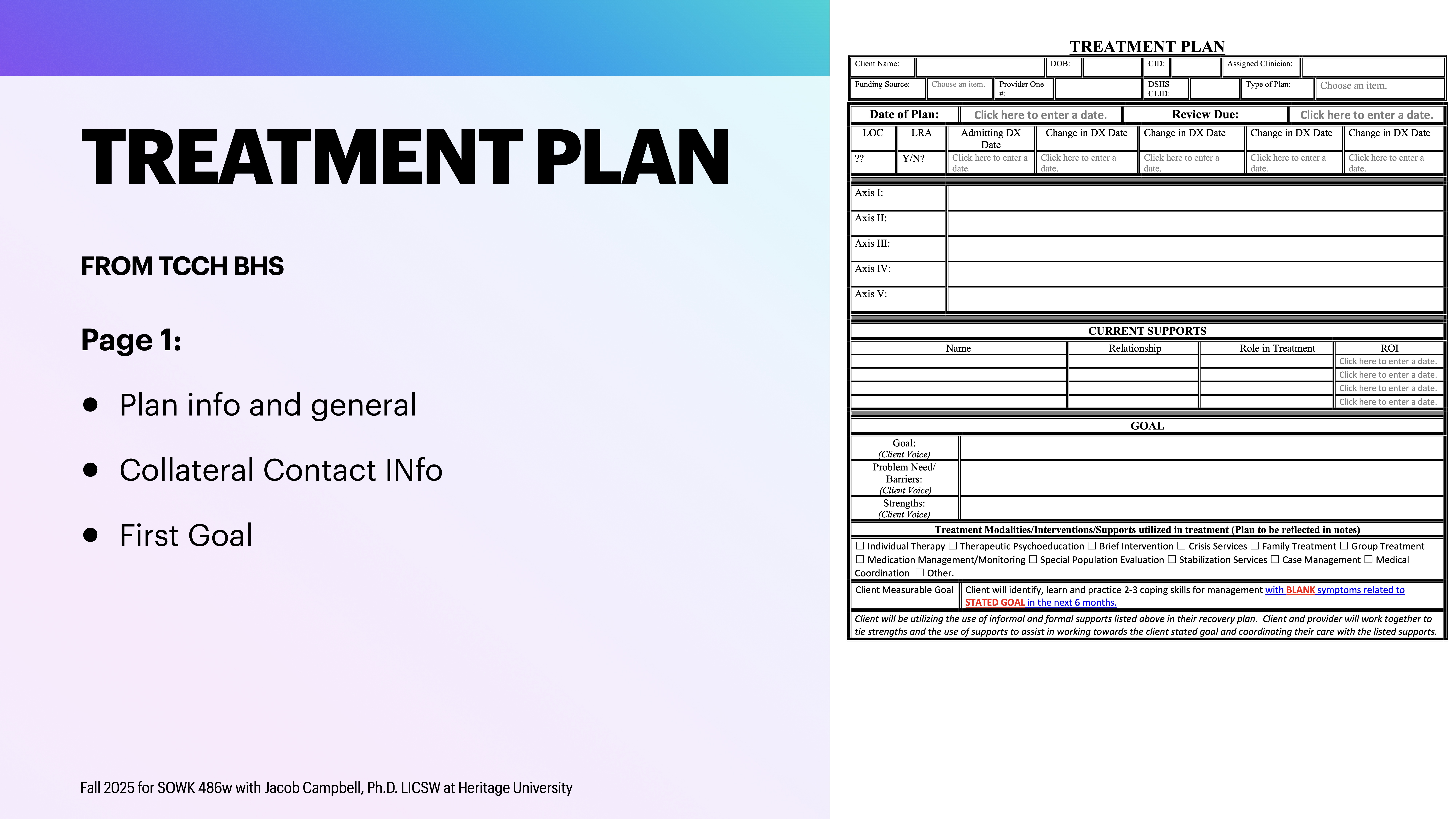 The image shows a presentation slide with the title 'TREATMENT PLAN' in bold. It outlines 'Plan info and general,' 'Collateral Contact Info,' and 'First Goal.' There's a detailed treatment plan table for context.