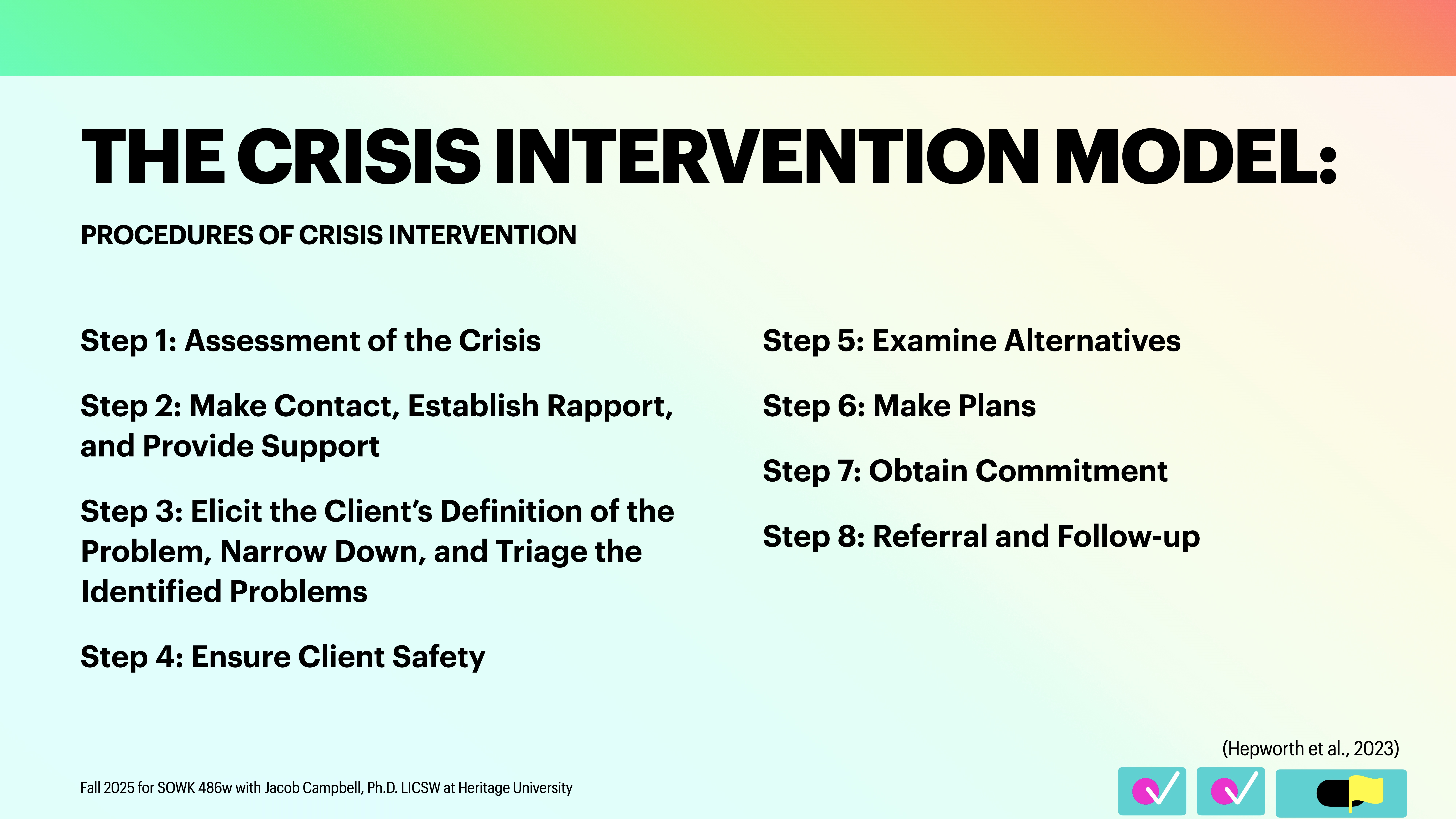 **Object:** Slide with text  **Action:** Lists steps  **Context:** Crisis intervention model description  **Text:** - The Crisis Intervention Model: Procedures of Crisis Intervention- Step 1: Assessment of the Crisis- Step 2: Make Contact, Establish Rapport, and Provide Support- Step 3: Elicit the Client's Definition of the Problem, Narrow Down, and Triage the Identified Problems- Step 4: Ensure Client Safety- Step 5: Examine Alternatives- Step 6: Make Plans- Step 7: Obtain Commitment- Step 8: Referral and Follow-up(Hepworth et al., 2023)  Fall 2023 for SOWK 486w with Jacob Campbell, Ph.D. LICSW at Heritage University