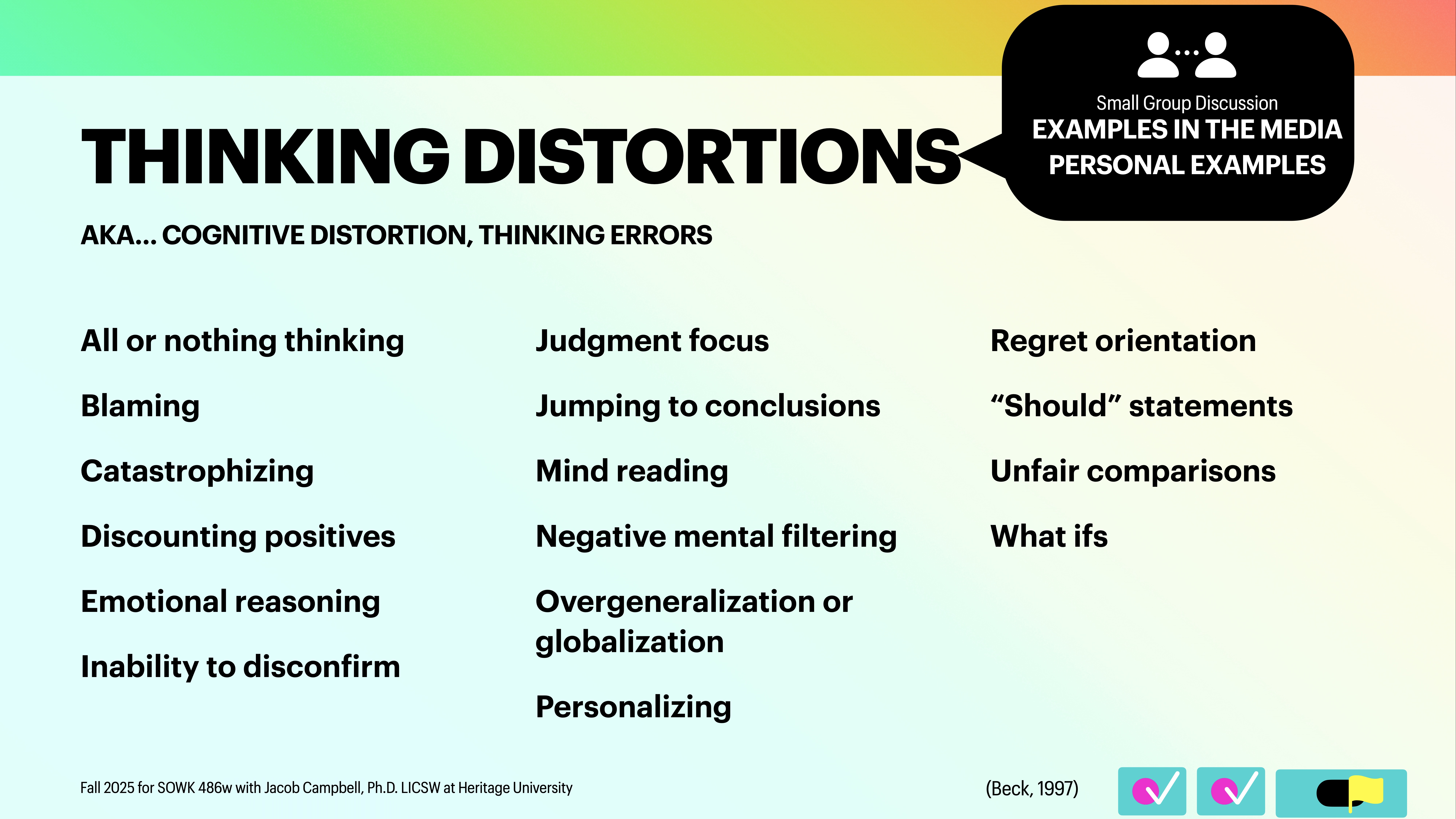 Slide displays a list of cognitive distortions under 'THINKING DISTORTIONS,' including terms like 'Blaming,' and 'Mind reading.' It suggests a small group discussion with examples from media and personal experiences. Credits Jacob Campbell, Heritage University, Fall 2023.