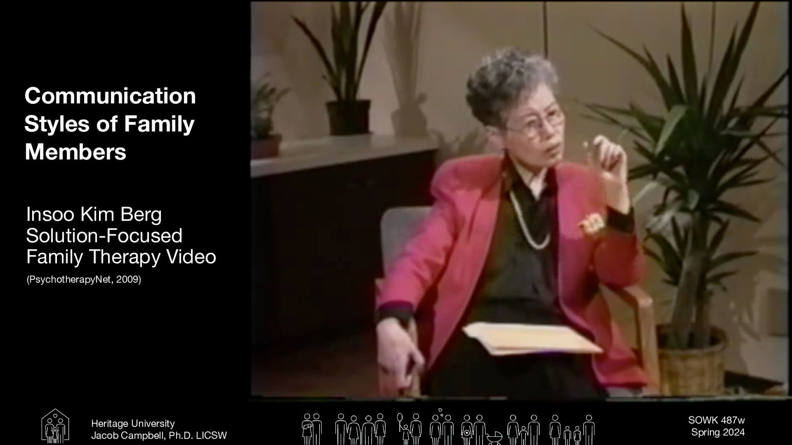 Communication Styles of Family Members Insoo Kim Berg Solution-Focused Family Therapy Video (PsychotherapyNet, 2009) Heritage University Jacob Campbell, Ph.D. LICSW (Berg, 2009) SOWK 487w Spring 2024
