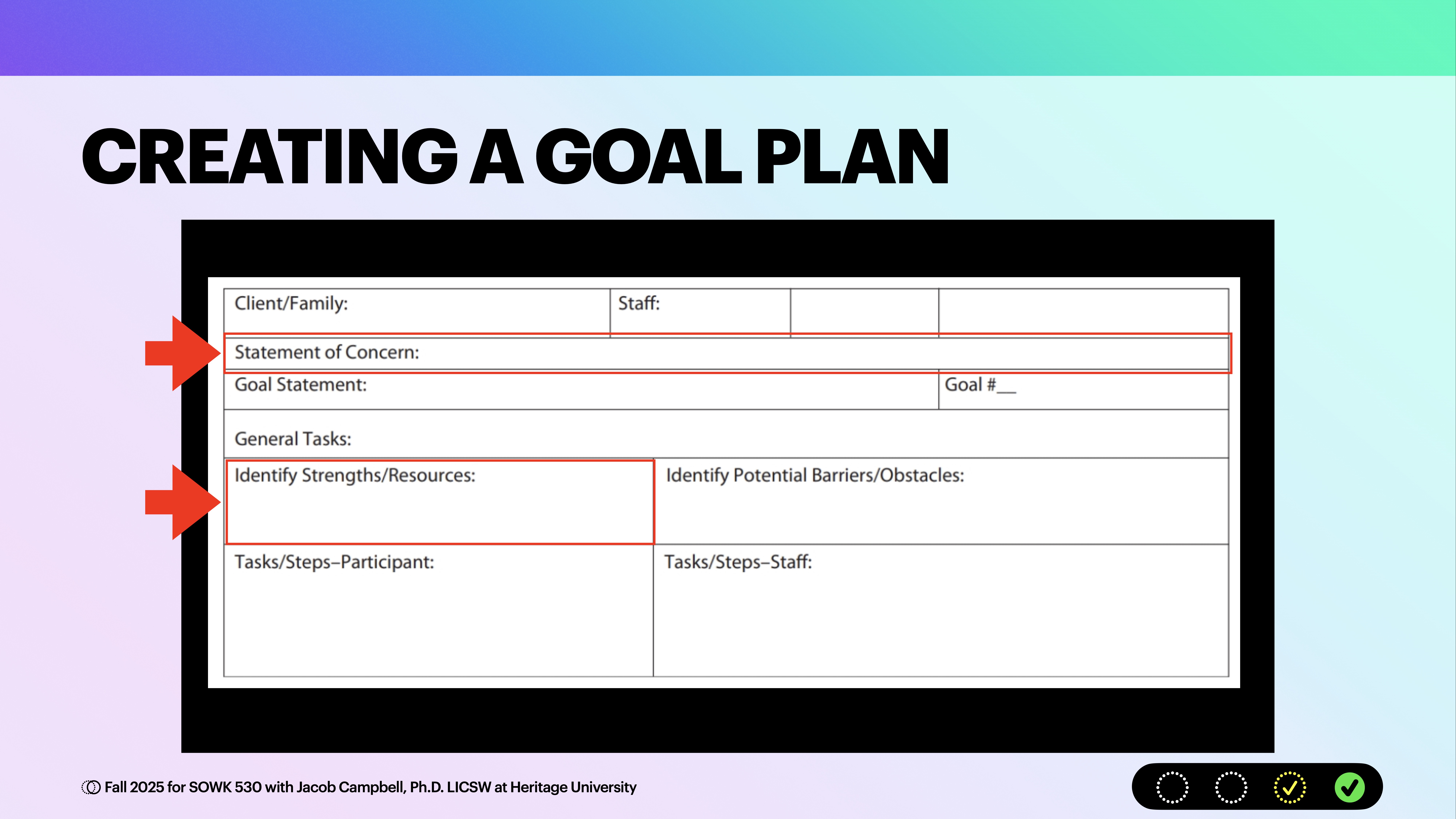 Table outlines 'Creating a Goal Plan;' includes 'Statement of Concern,' 'Goal Statement,' 'Identify Strengths/Resources,' and 'Identify Potential Barriers/Obstacles' sections. Background is a gradient of blue, green, and purple.Text: © Fall 2023 for SOWK 530 with Jacob Campbell, Ph.D., LICSW at Heritage University.