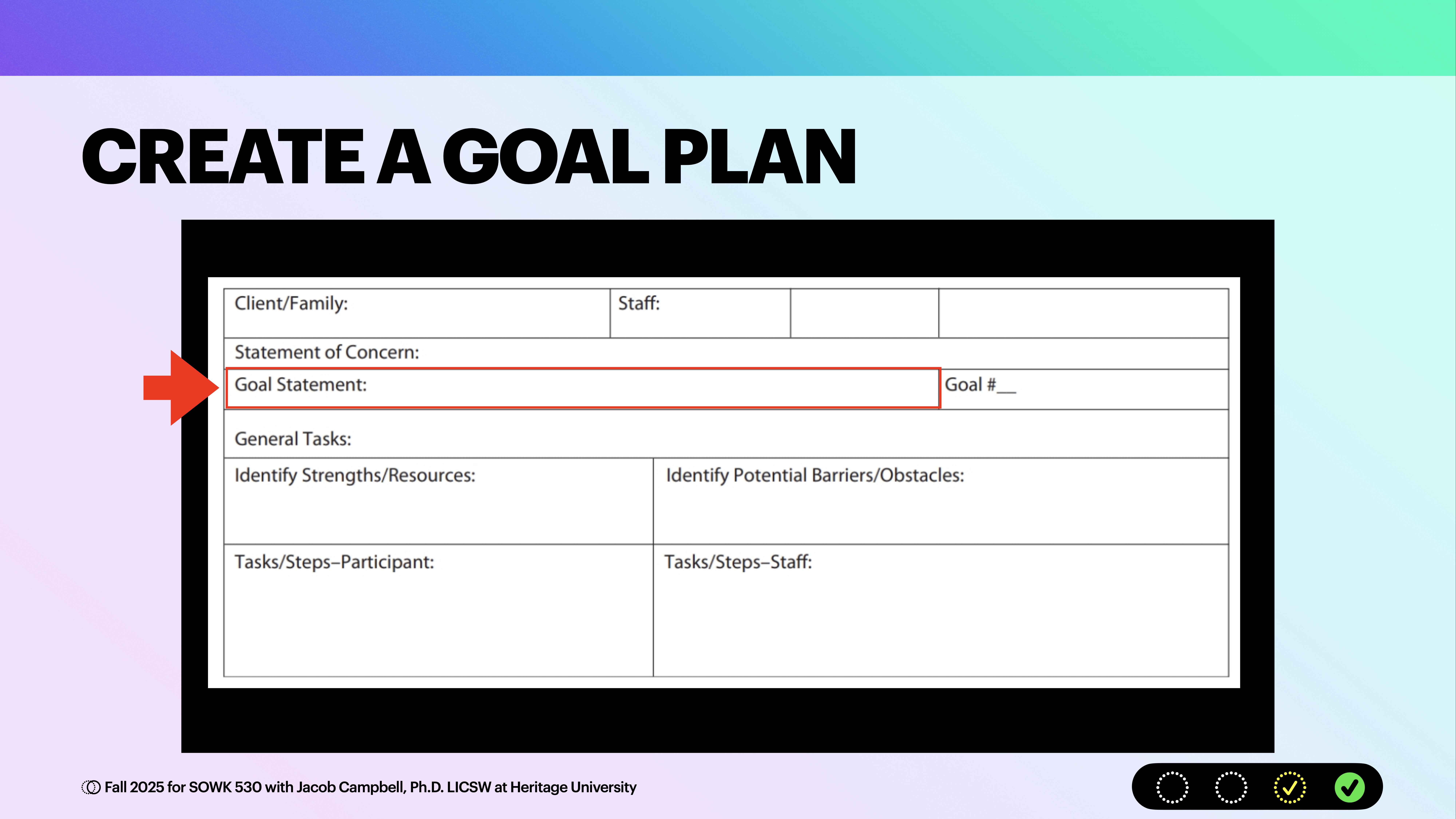 A slide displays a goal planning table for client-staff collaboration, including fields for concerns, goal statement, strengths, barriers, and tasks. Titled 'Create a Goal Plan,' it has a gradient background.