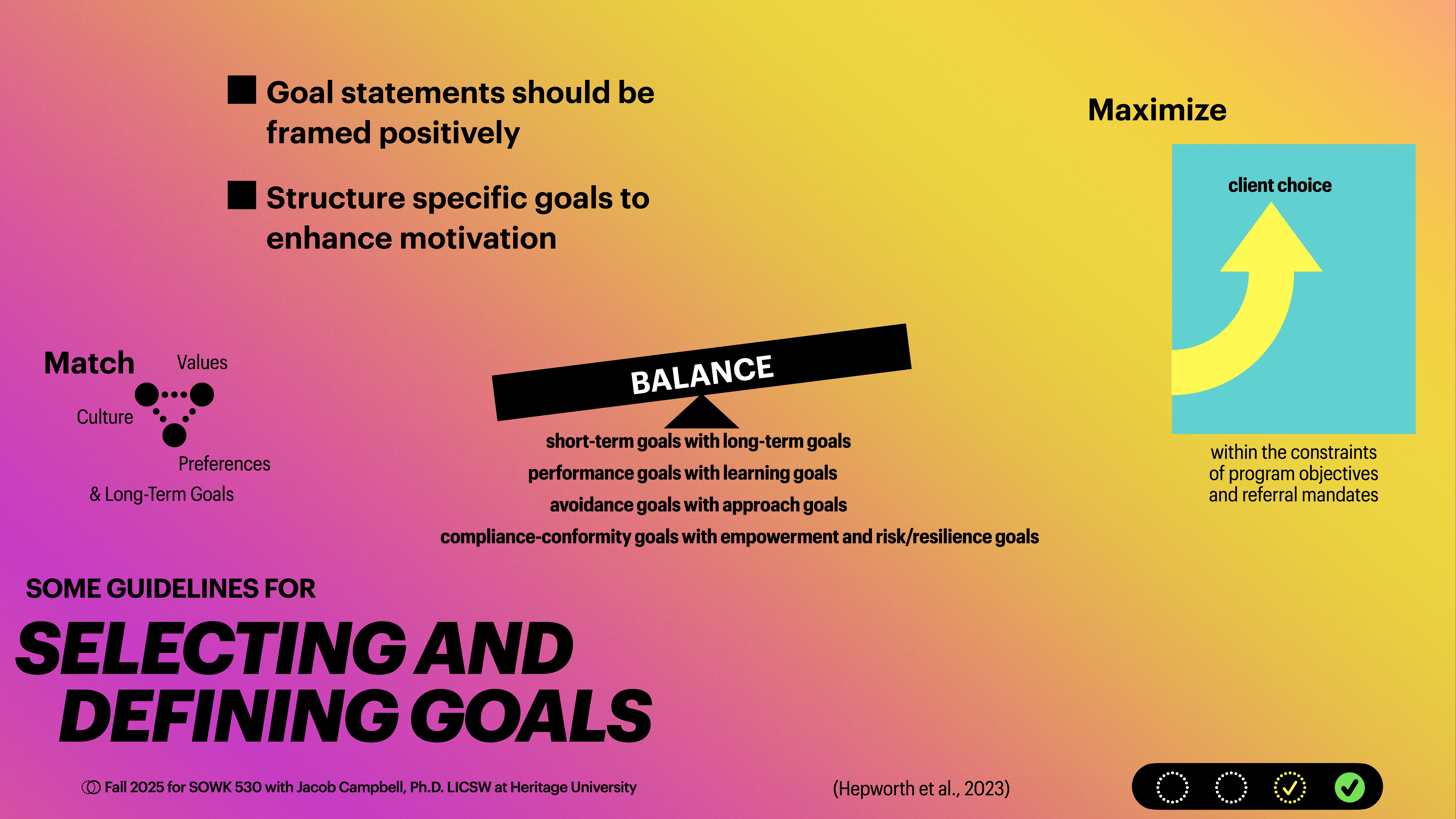 A colorful presentation slide displays guidelines for selecting and defining goals, emphasizing positivity and structure. Key elements include 'Balance,' 'Maximize client choice,' and matching values with goals. Text includes course and source details.