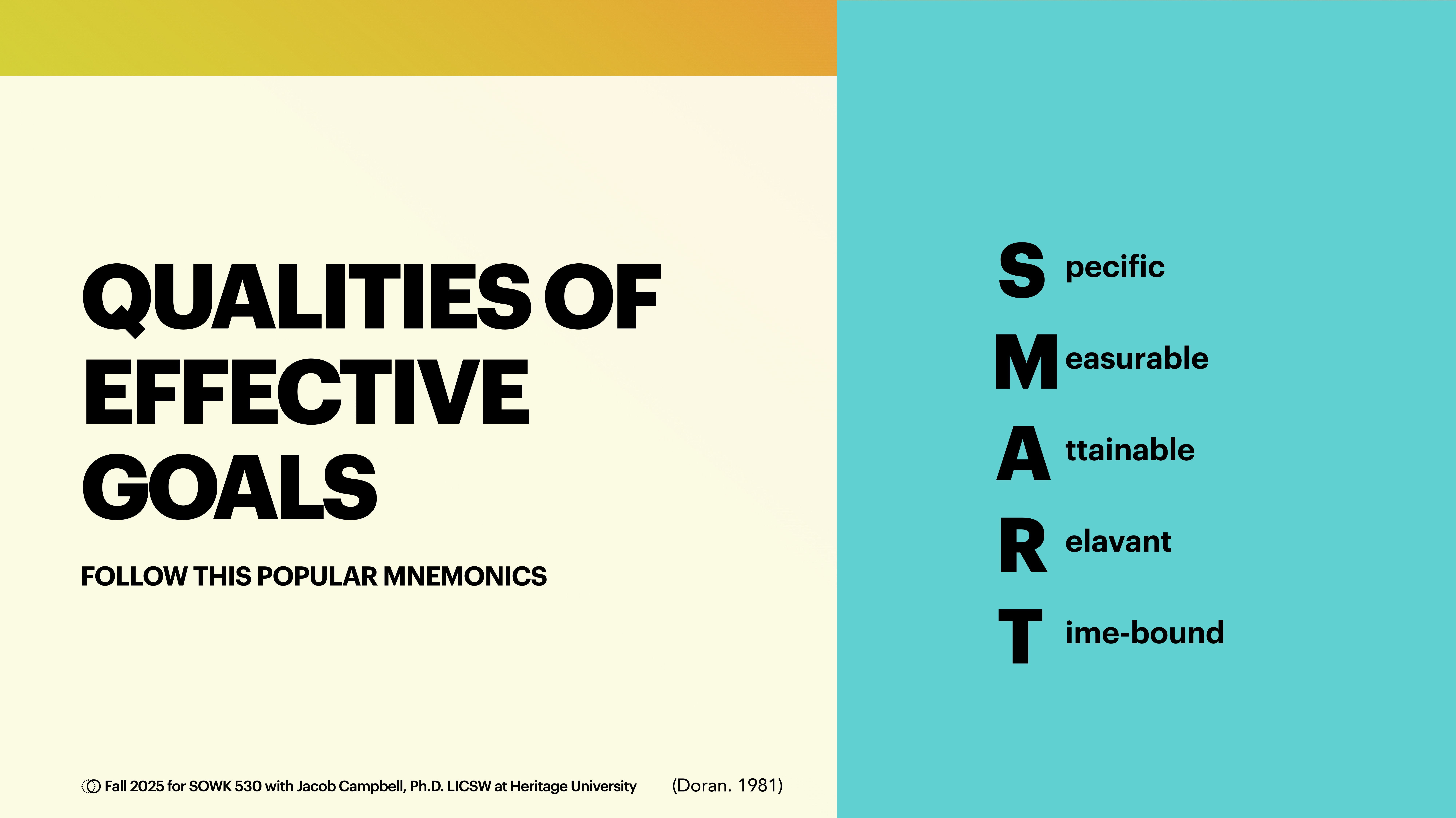 Slide featuring bold text 'QUALITIES OF EFFECTIVE GOALS' alongside the 'SMART' mnemonic: Specific, Measurable, Attainable, Relevant, Time-bound; displayed on split yellow-blue background. Includes © Fall 2025 citation.