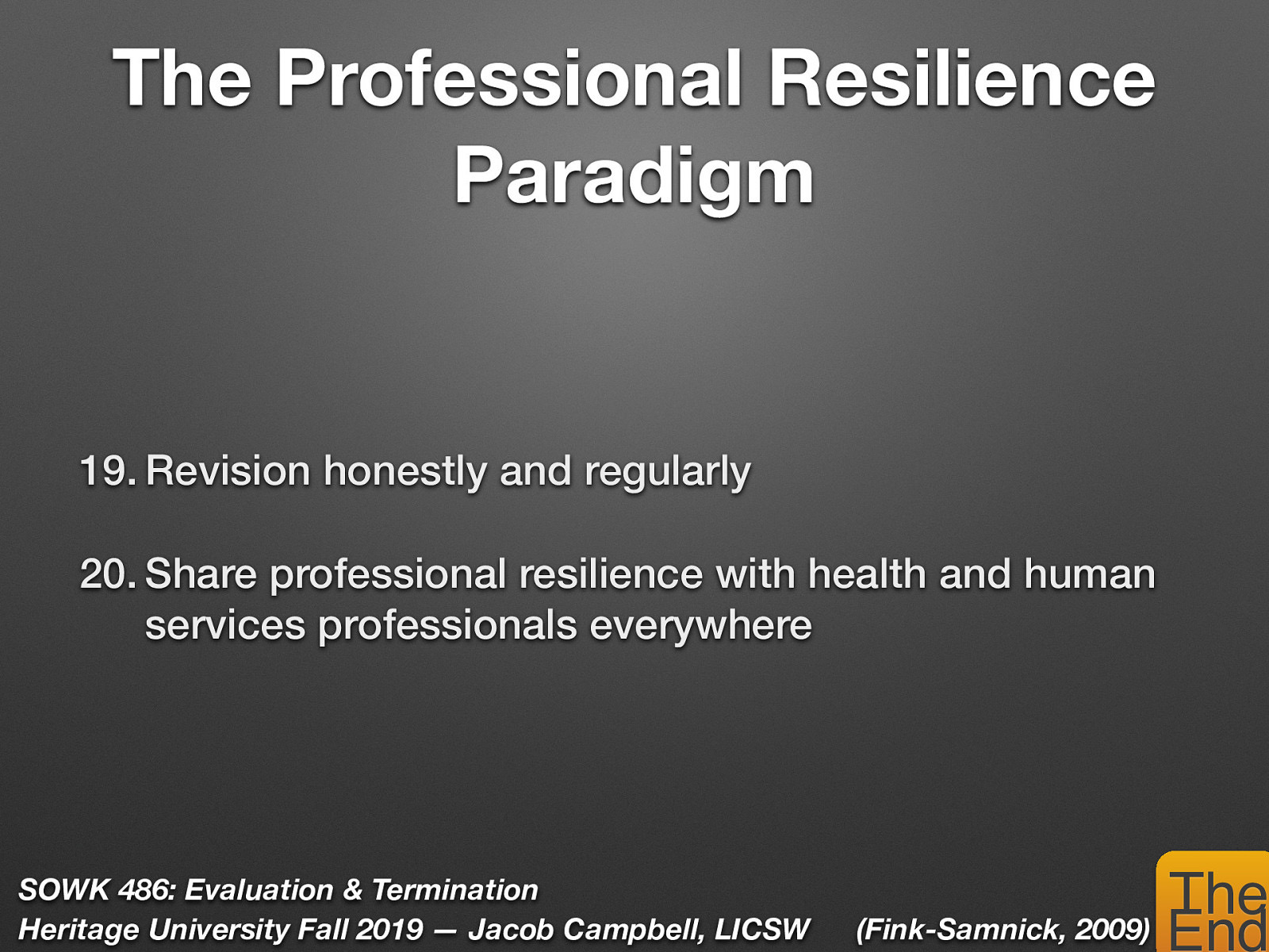   Revision honestly and regularly  Revise previously defined life goals Define an individualized schedule Identify realistic obstacles to the schedule’s implementation Progress with a plan to reflect your current perspective.    Share professional resilience with health and human services professionals everywhere  
