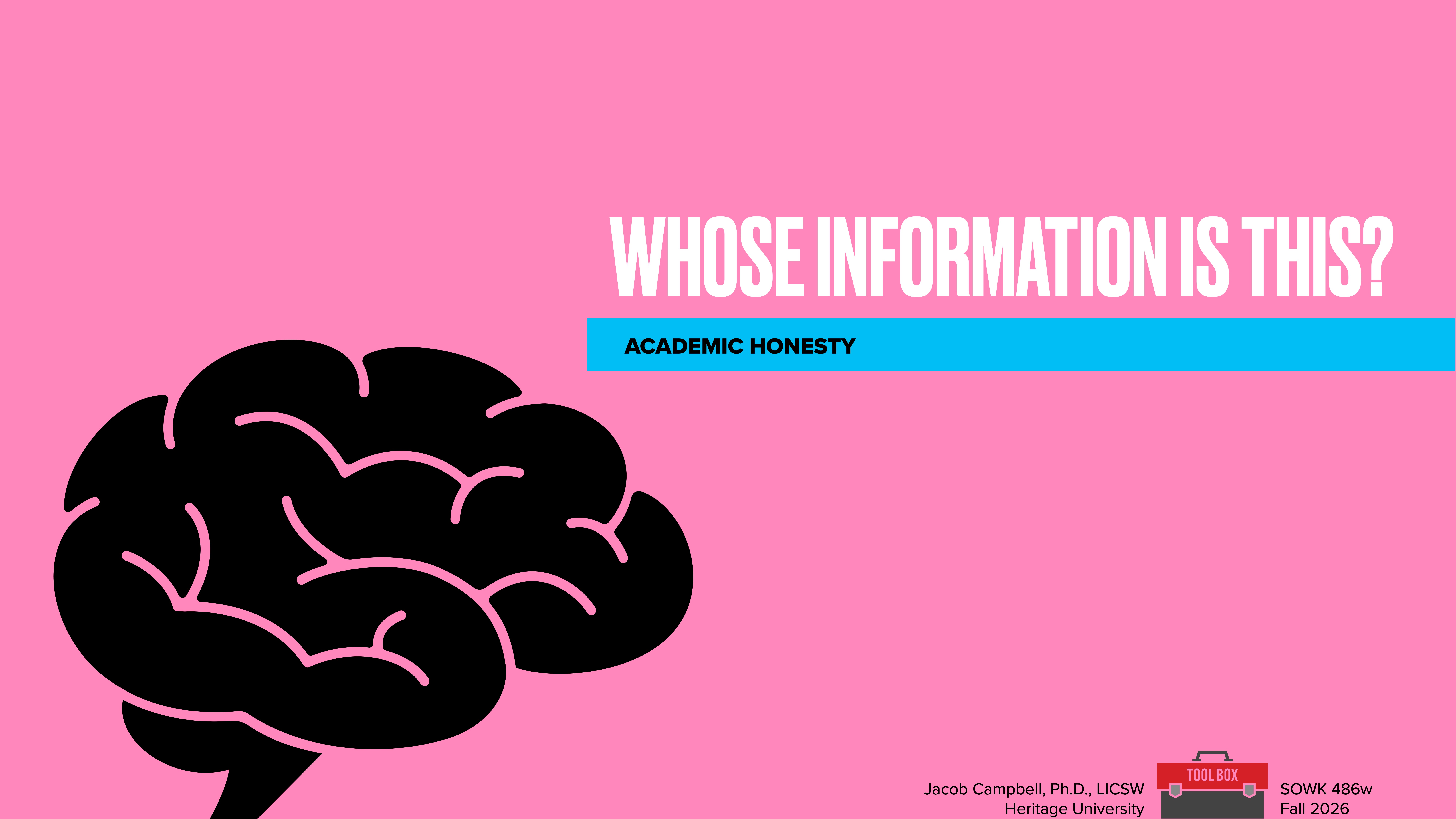 Stylized brain on pink background; 'WHOSE INFORMATION IS THIS?' and 'ACADEMIC HONESTY' text featured prominently. Bottom text: Jacob Campbell, PhD, LCSW, Heritage University, SOWK 486w, Fall 2026.