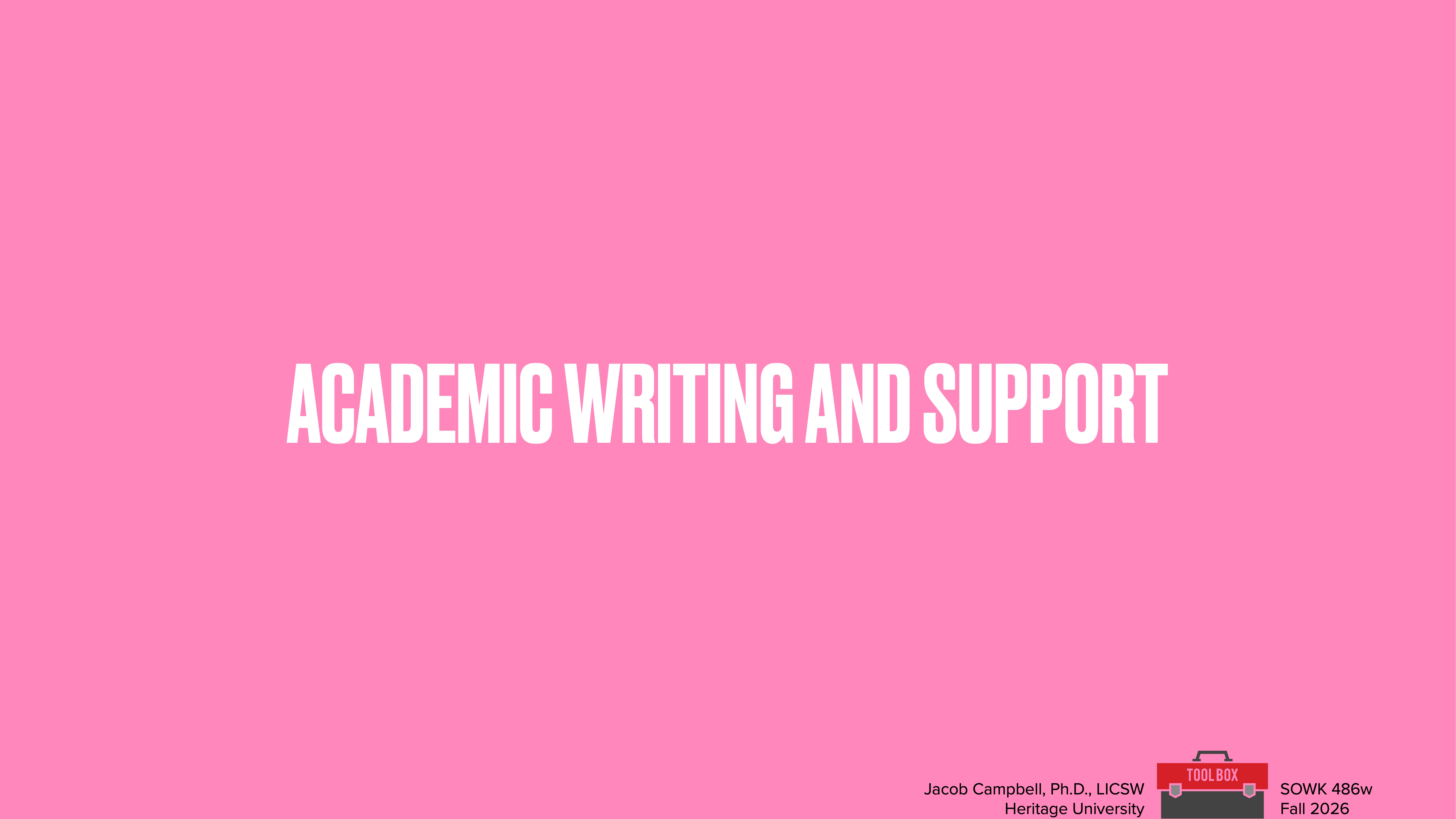 A pink presentation slide features bold white text stating 'ACADEMIC WRITING AND SUPPORT.' At the bottom, small text mentions 'Jacob Campbell, Ph.D., LCSW, Heritage University, SOWK 486w, Fall 2026.'