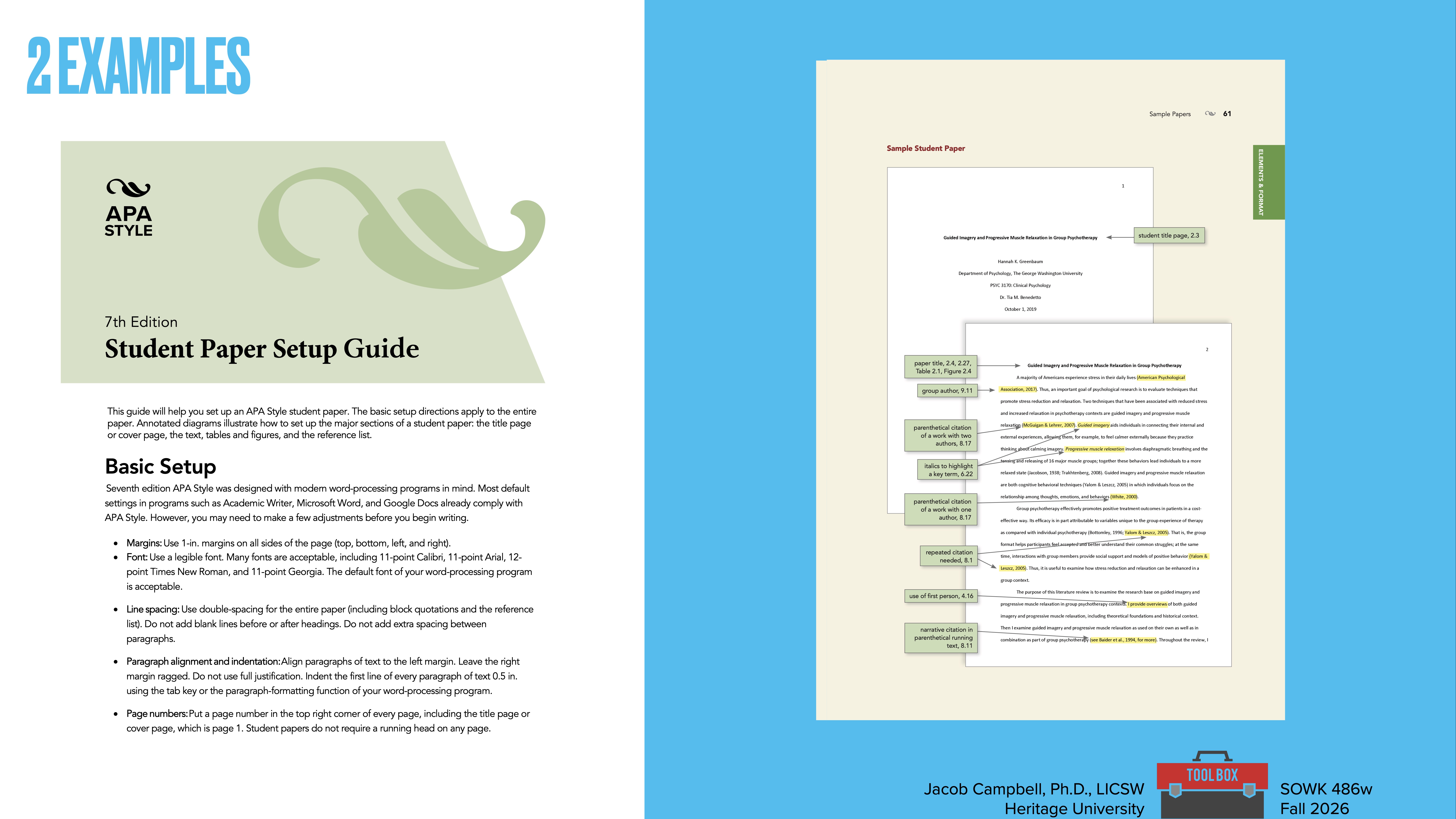 Cover of an APA Style 7th Edition Student Paper Setup Guide. Features a sample paper layout with annotations explaining formatting details. Includes text: 'Basic Setup' and '2 EXAMPLES.' Presented on a blue background.