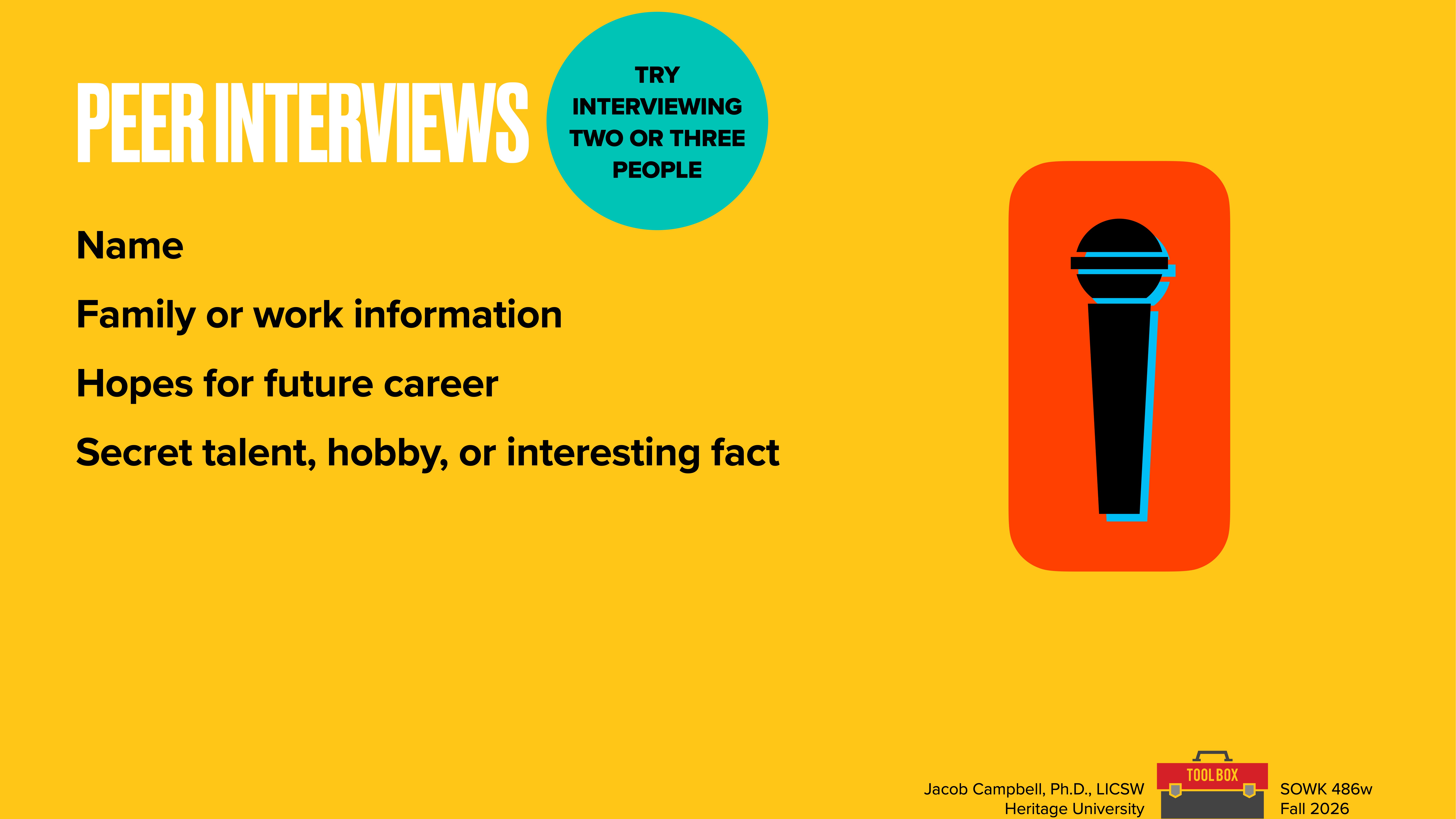 The image is a presentation slide featuring a microphone icon on an orange background. It prompts 'Peer Interviews' with points: Name, Family or work information, Hopes for future career, Secret talent, hobby, or interesting fact. Encourages interviewing two or three people. Bottom text: Jacob Campbell, Ph.D., LICSW, Heritage University, SOWK 486w, Fall 2026.