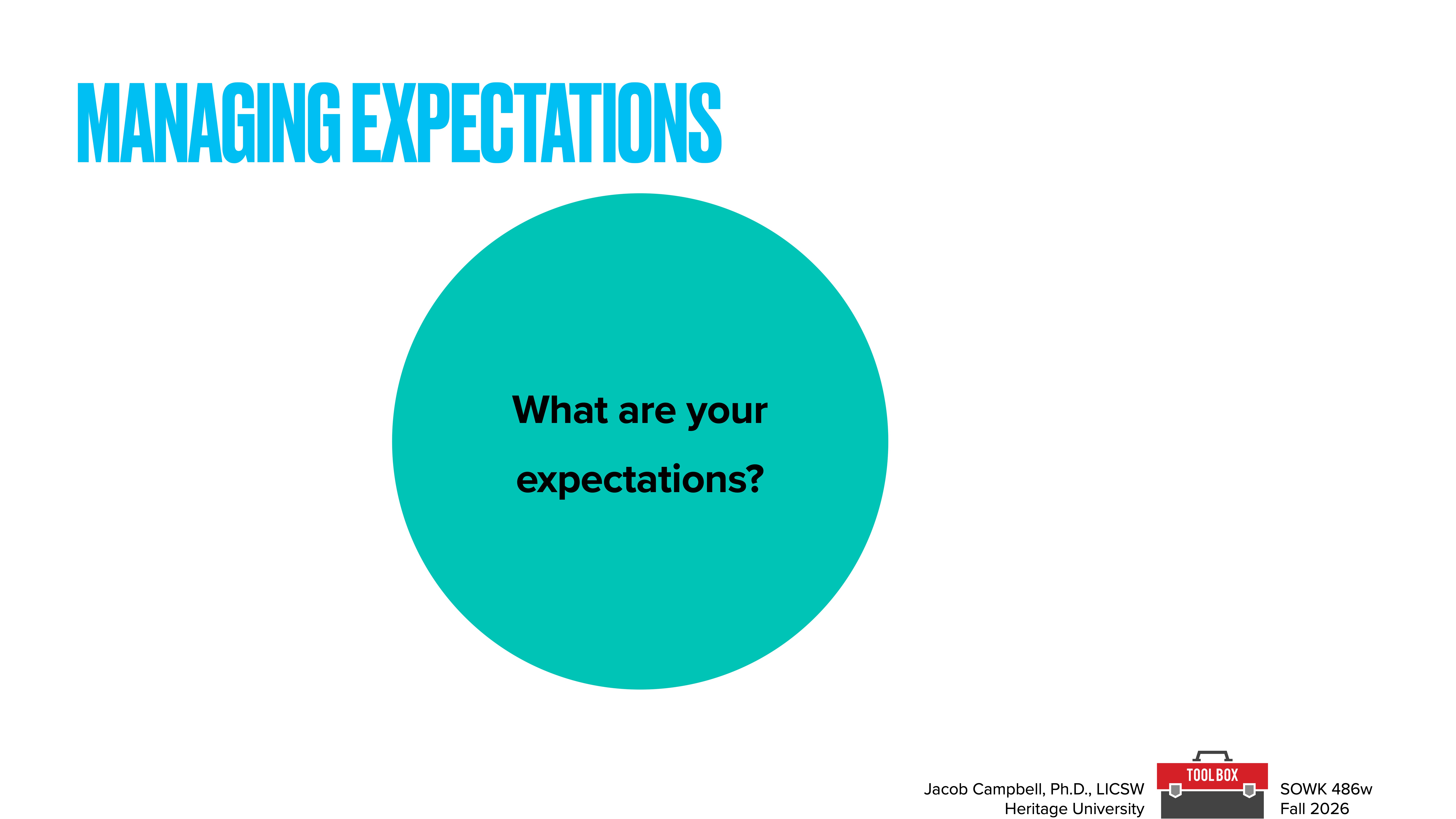 A blue circle featuring text 'What are your expectations?' is displayed prominently. Above, 'MANAGING EXPECTATIONS' is in bold blue letters. Bottom right includes academic details and a toolbox icon.