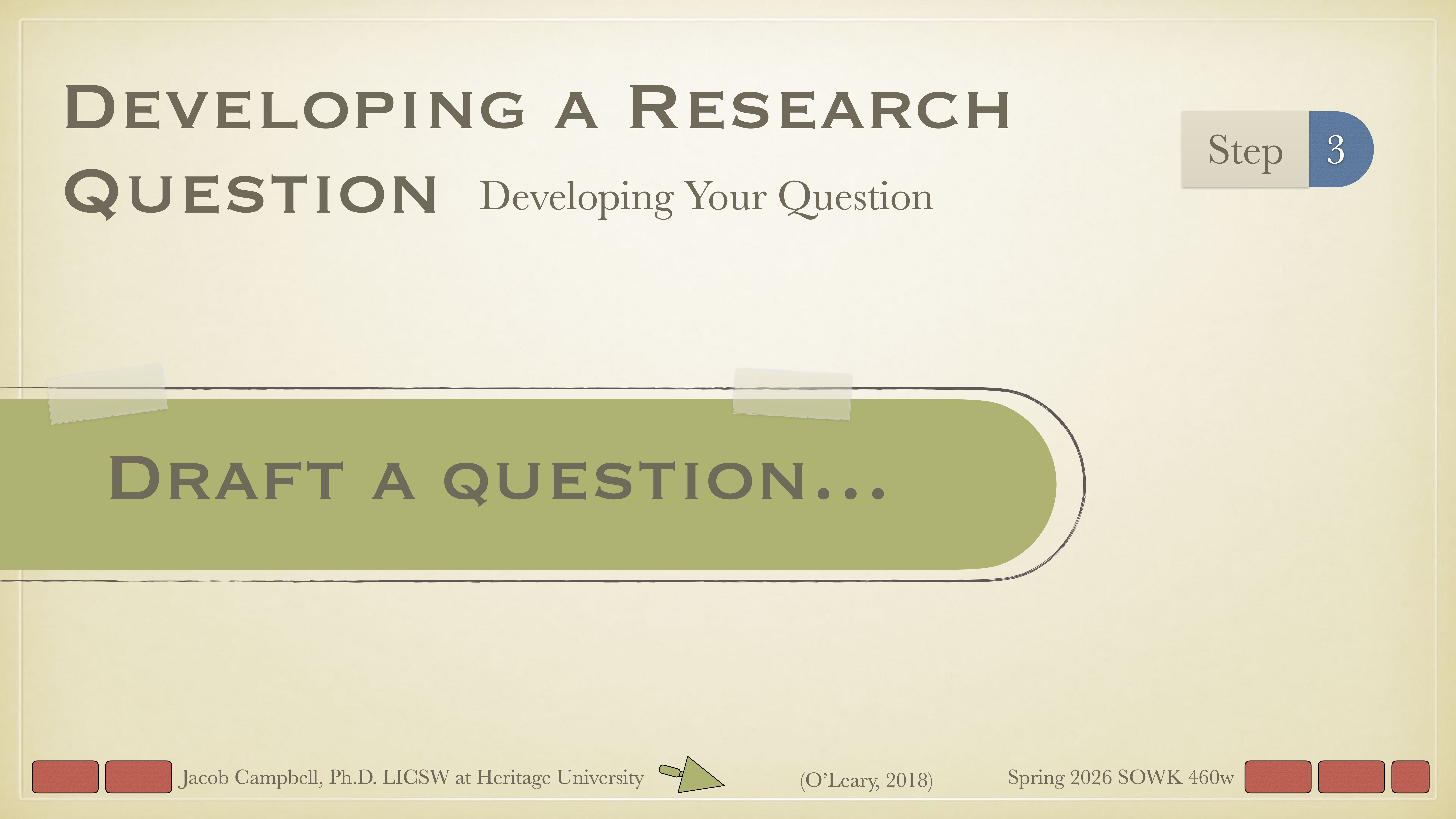 Slide titled 'Developing a Research Question' features a large green text box stating 'Draft a question...' in a beige background. It's part of 'Step 3' in a presentation by Jacob Campbell, Ph.D., at Heritage University, Spring 2026 SOWK 460w.