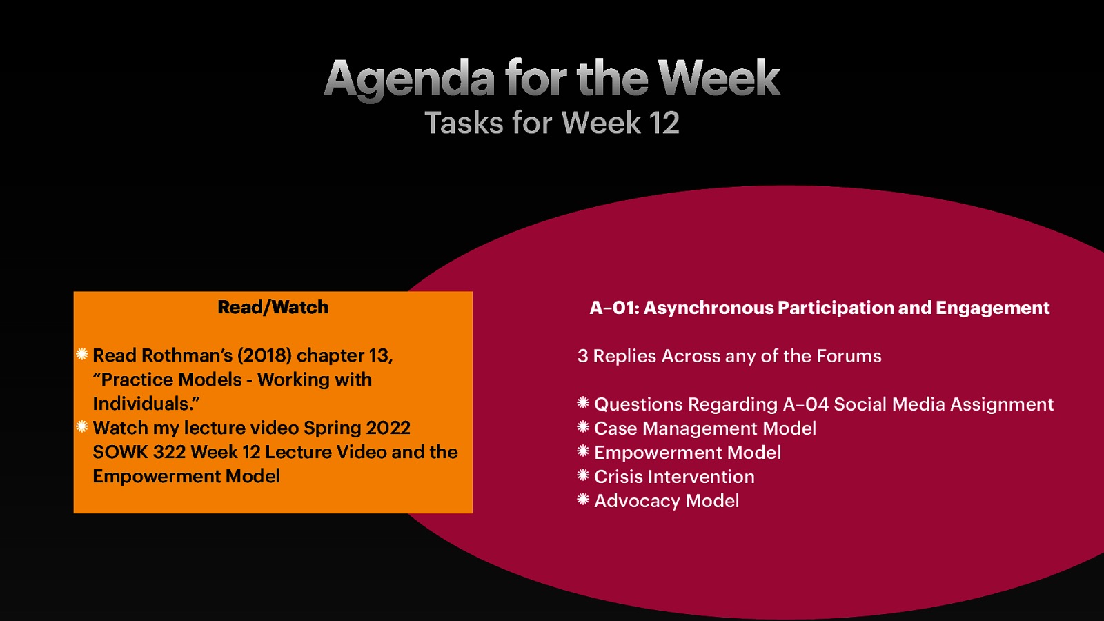 Agenda for the Week Tasks for Week 12 Read/Watch Read Rothman’s (2018) chapter 13, “Practice Models - Working with Individuals.” Watch my lecture video Spring 2022 SOWK 322 Week 12 Lecture Video and the Empowerment Model A–01: Asynchronous Participation and Engagement 3 Replies Across any of the Forums Questions Regarding A–04 Social Media Assignment Case Management Model Empowerment Model Crisis Intervention Advocacy Model
