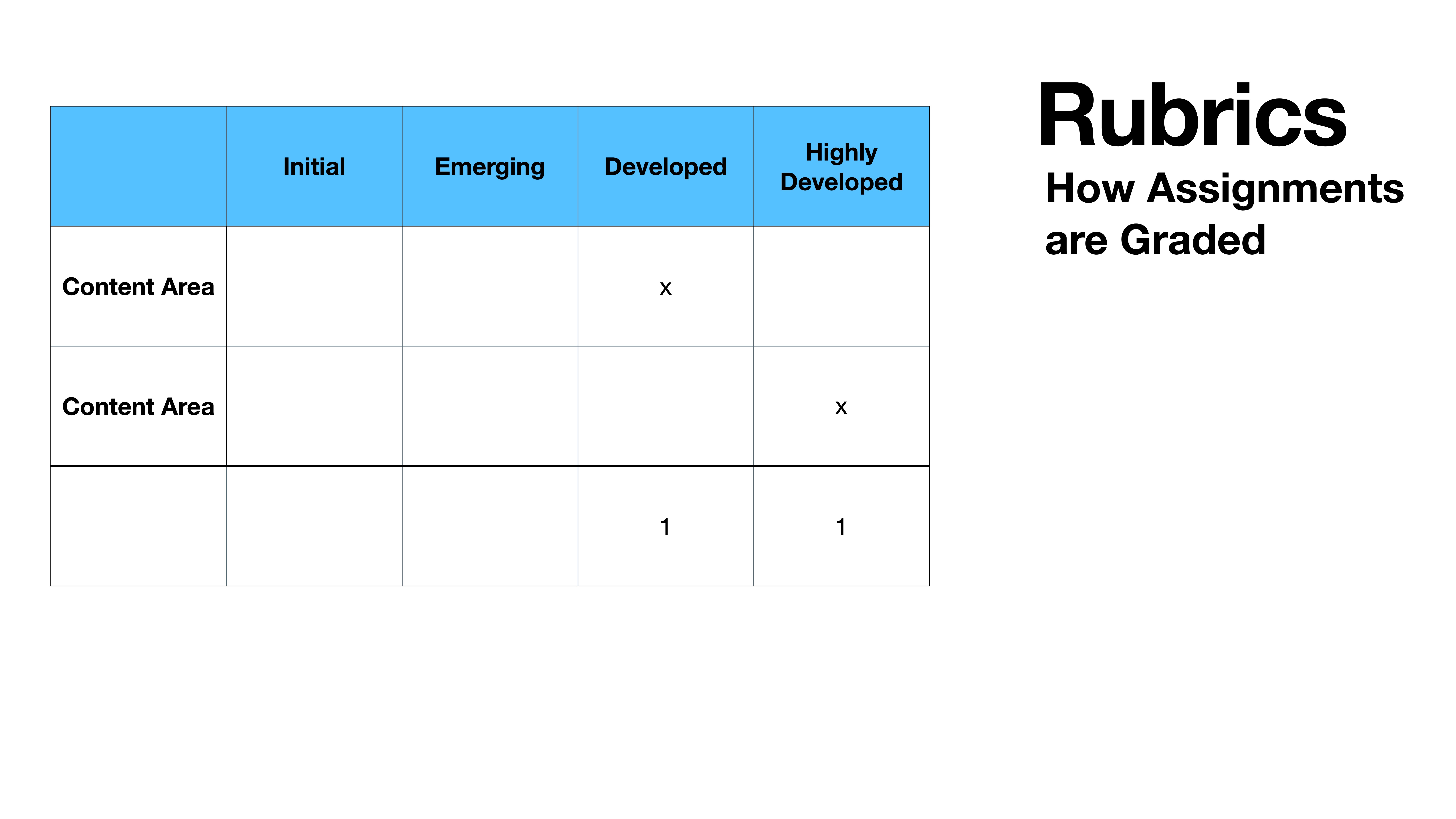 A table titled 'Rubrics: How Assignments are Graded' displays four columns labeled Initial, Emerging, Developed, and Highly Developed, with 'x' and '1' marks indicating varying levels of assessment across two content areas.