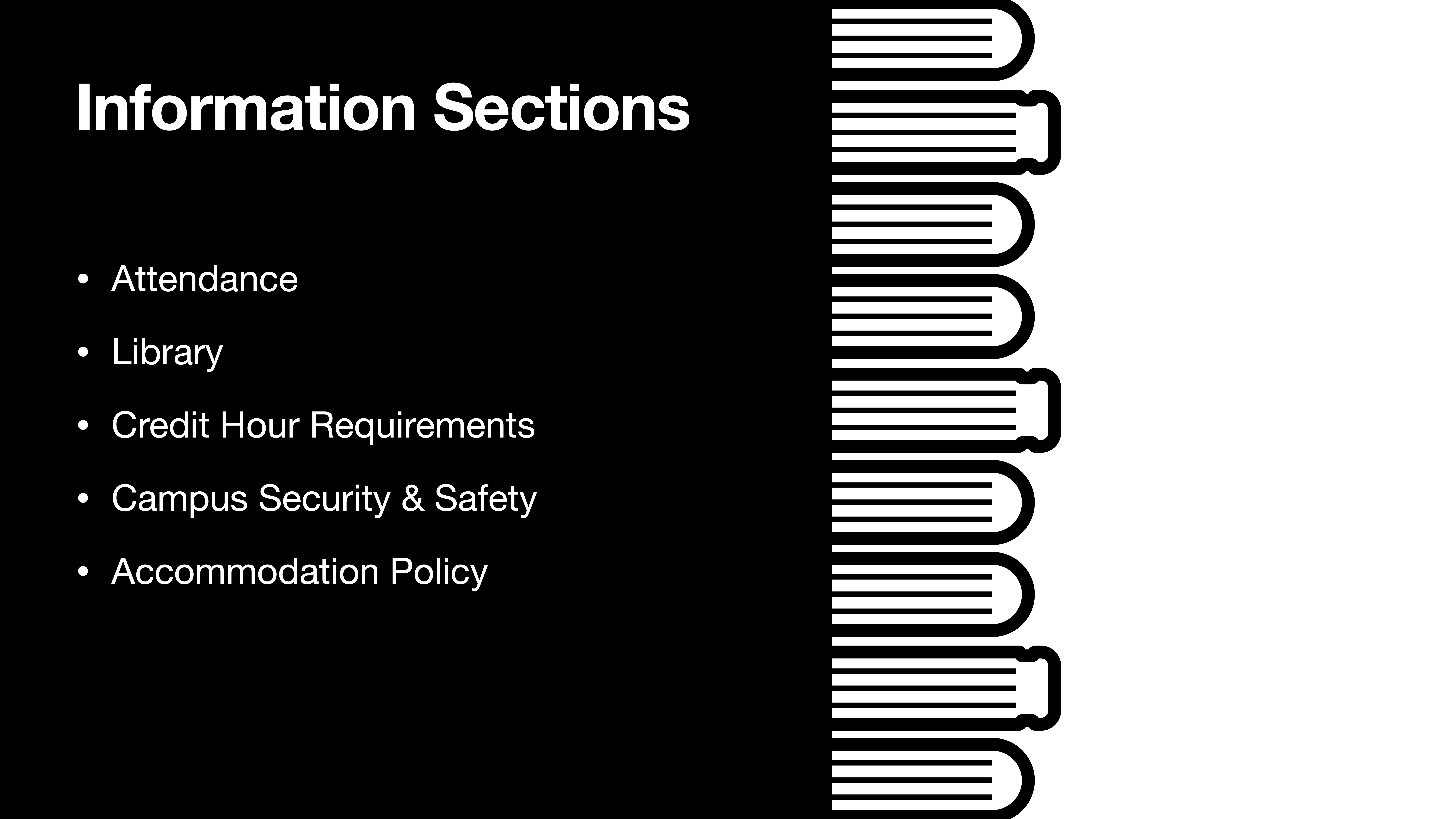 A slide displays text under 'Information Sections' with bullet points on 'Attendance,' 'Library,' 'Credit Hour Requirements,' 'Campus Security & Safety,' and 'Accommodation Policy,' beside a book stack illustration.