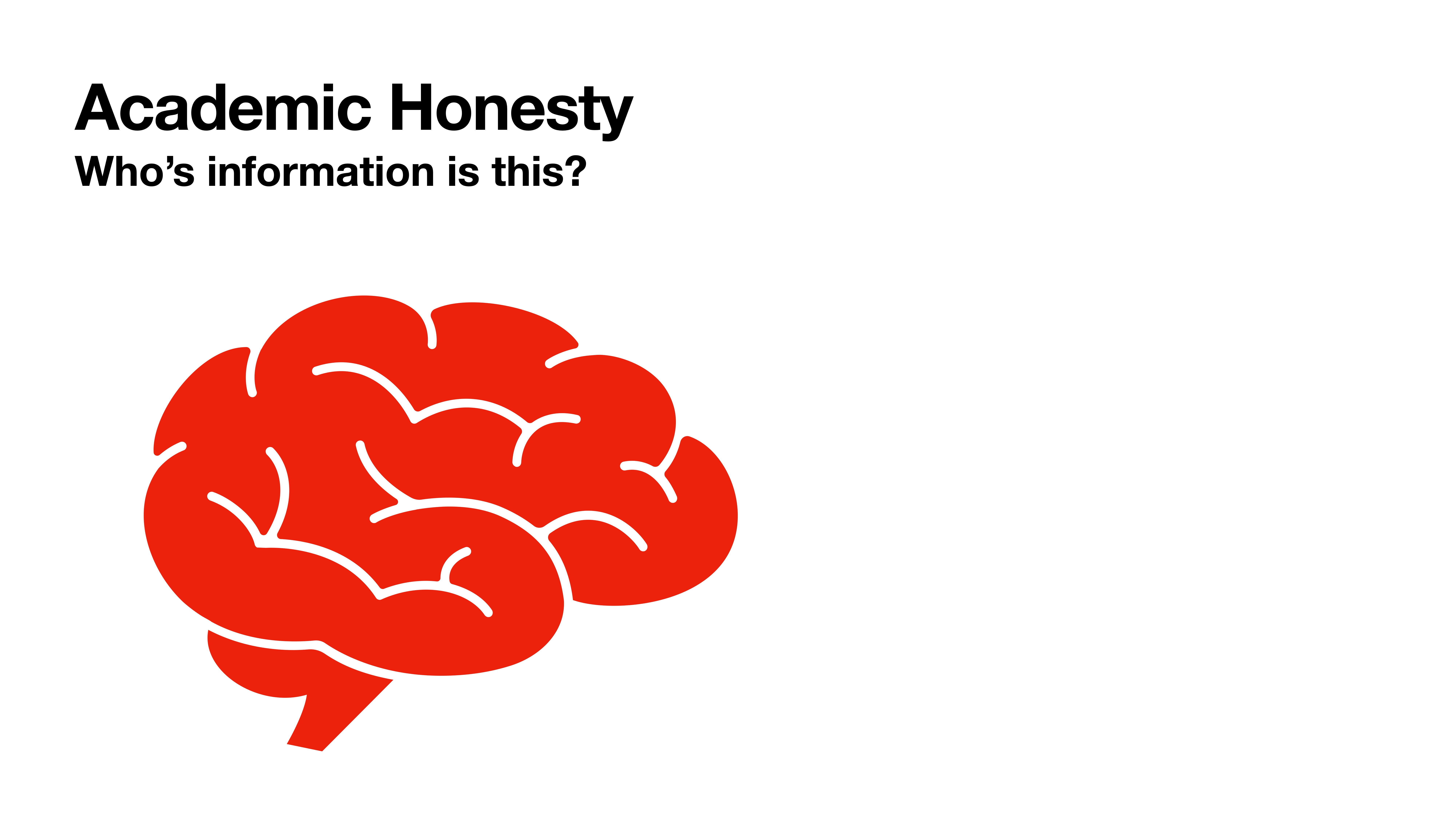 A red brain illustration is next to the text 'Academic Honesty: Who's information is this?' on a white background, part of a presentation slide.