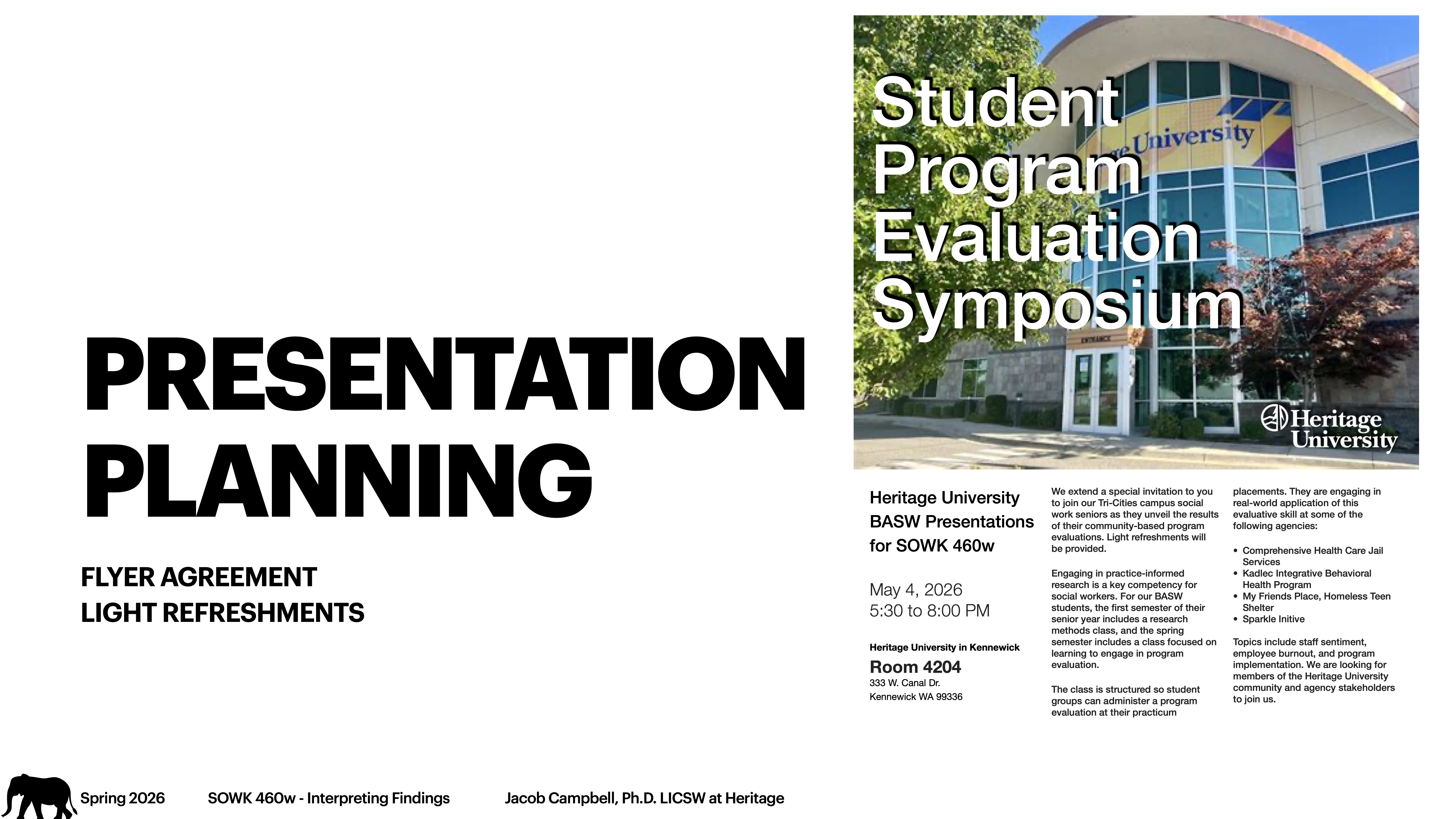 The image depicts a presentation slide for 'Presentation Planning' with text mentioning 'Flyer Agreement' and 'Light Refreshments.' It includes a flyer for a 'Student Program Evaluation Symposium' at Heritage University on May 4, 2026, from 5:30 to 8:00 PM, with details about attendance, participation, and location in Room 4204.