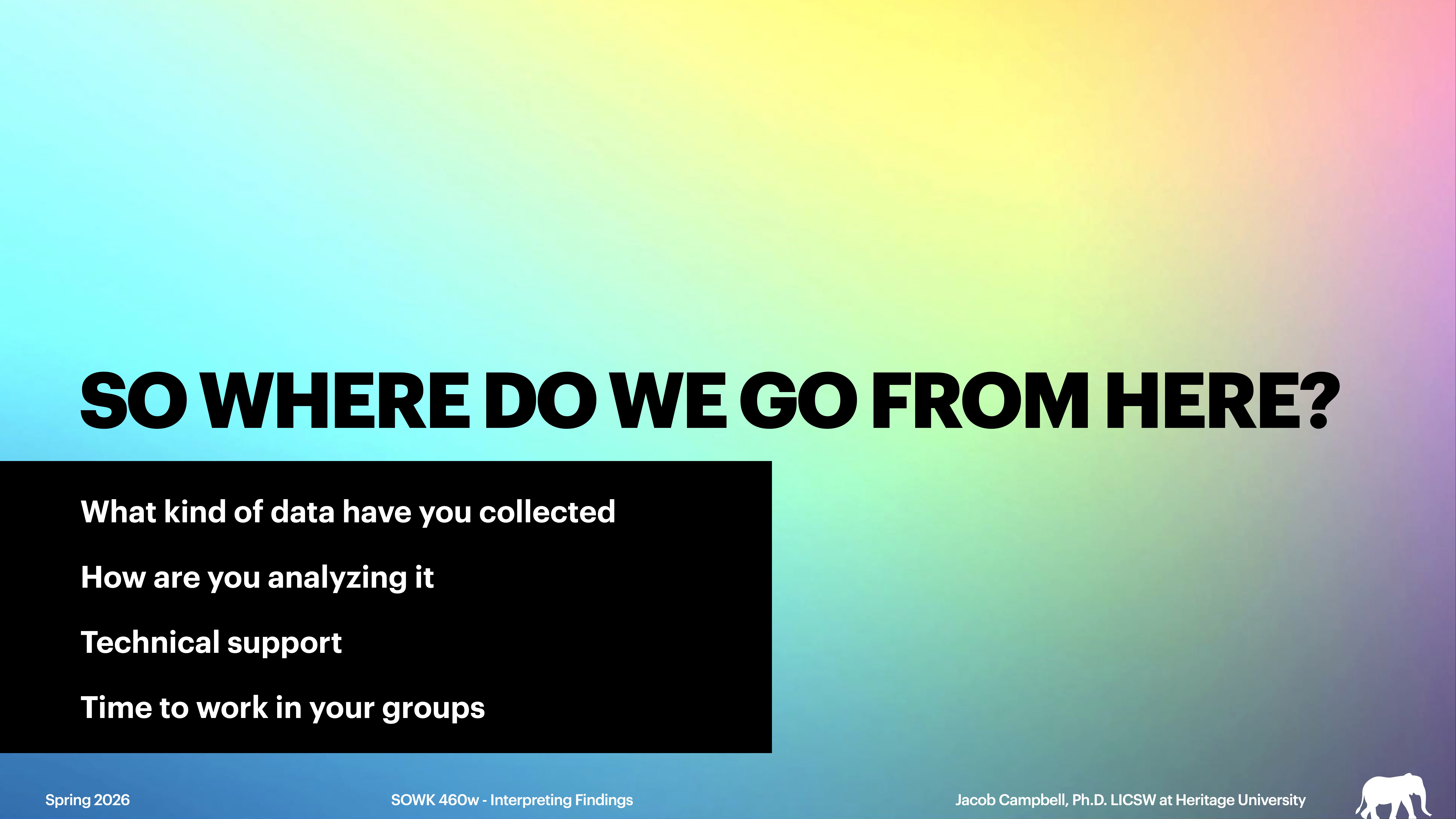Text in bold asks, 'SO WHERE DO WE GO FROM HERE?' against a gradient background. Below, a box lists, “What kind of data have you collected, How are you analyzing it, Technical support, Time to work in your groups.” Context indicates a presentation from Spring 2026 with author details at the bottom.