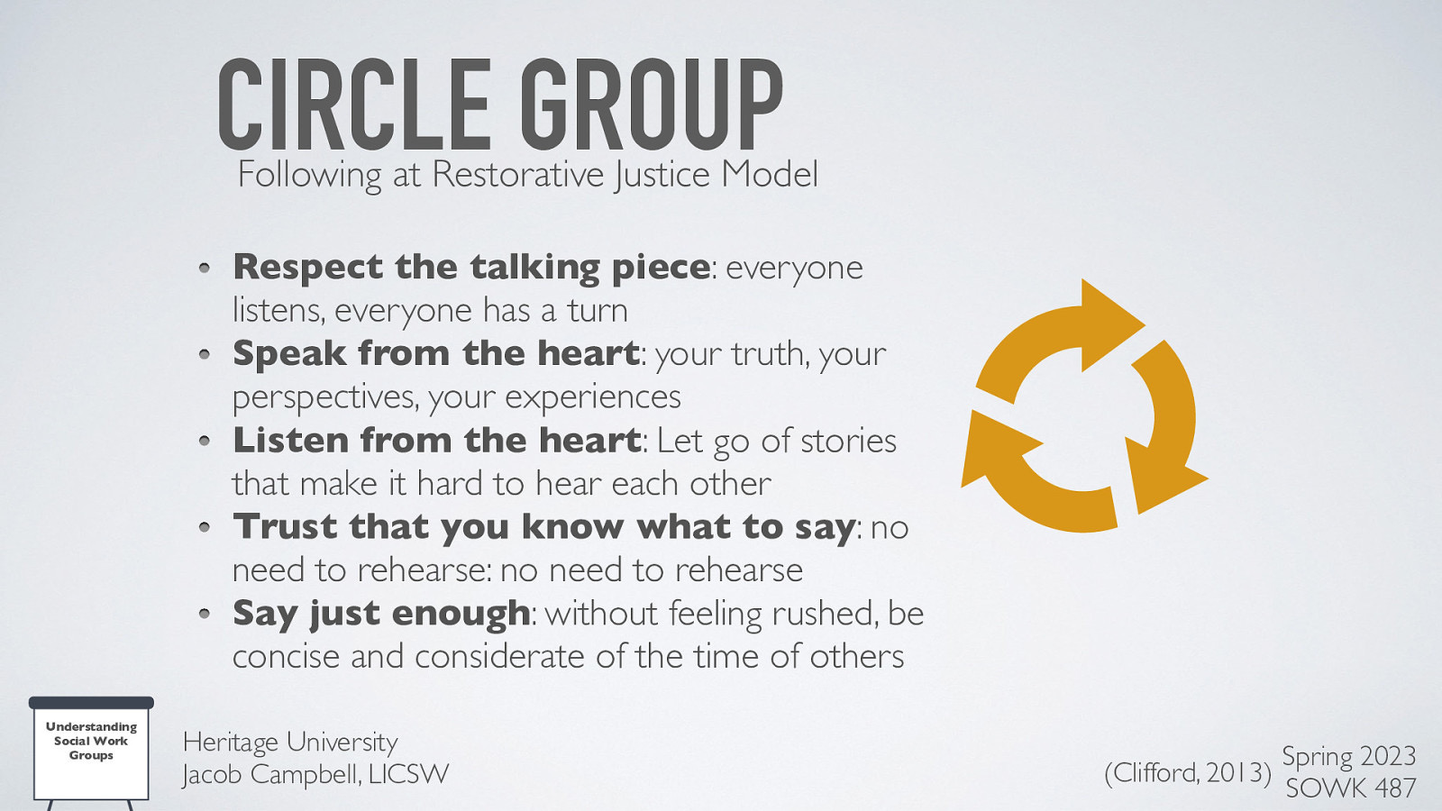 CIRCLE GROUP Following at Restorative Justice Model Respect the talking piece: everyone listens, everyone has a turn Speak from the heart: your truth, your perspectives, your experiences Listen from the heart: Let go of stories that make it hard to hear each other Trust that you know what to say: no need to rehearse: no need to rehearse Say just enough: without feeling rushed, be concise and considerate of the time of others Understanding Social Work Groups Heritage University Jacob Campbell, LICSW Spring 2023 (Clifford, 2013) SOWK 487
