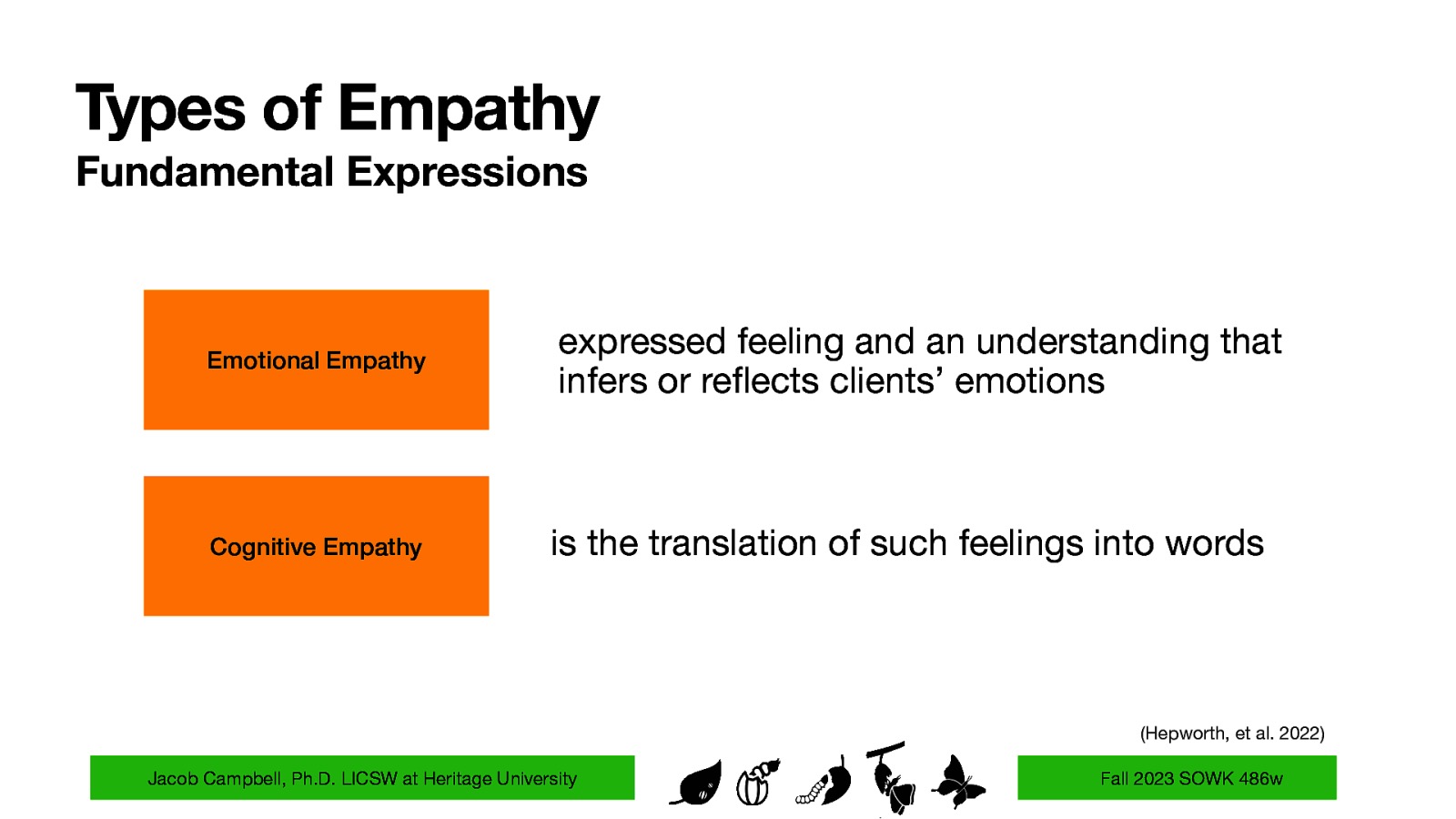 Types of Empathy Fundamental Expressions Emotional Empathy Cognitive Empathy expressed feeling and an understanding that infers or re ects clients’ emotions is the translation of such feelings into words (Hepworth, et al. 2022) fl Jacob Campbell, Ph.D. LICSW at Heritage University Fall 2023 SOWK 486w
