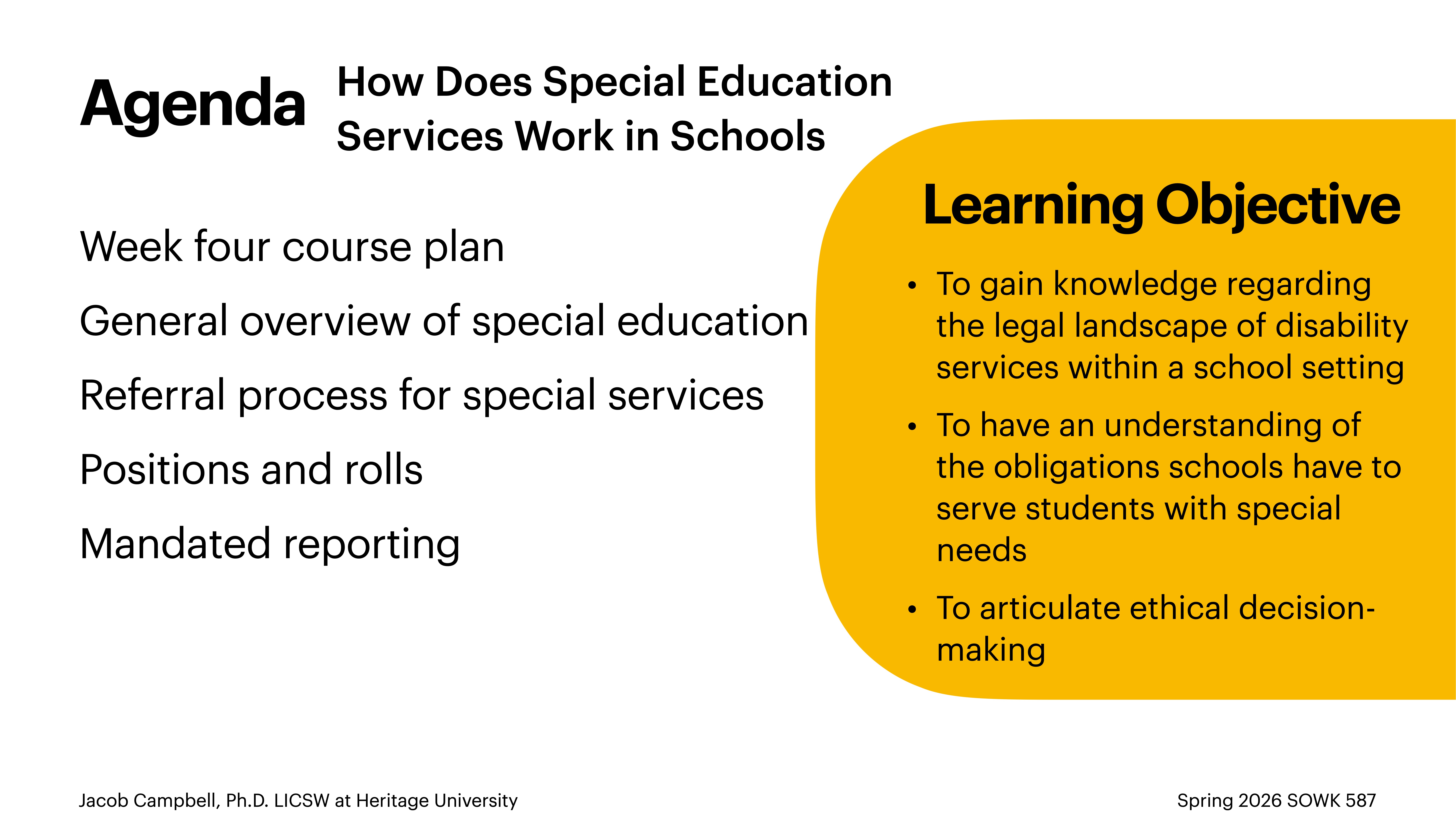 A presentation slide discusses special education services in schools. On the left, it lists topics like course plans and mandated reporting. The right highlights learning objectives such as understanding legal frameworks for disability services.
