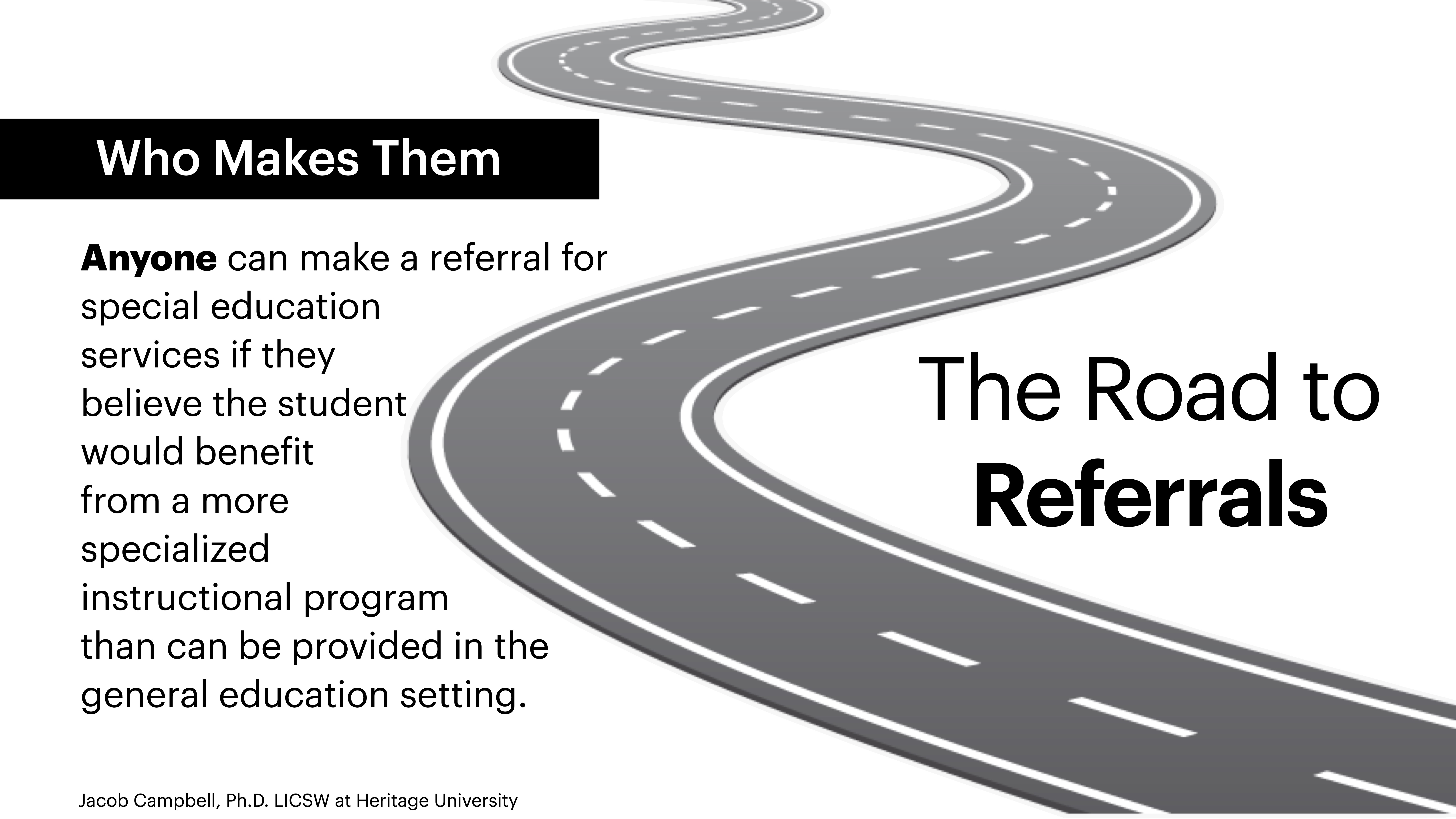 A winding road graphic curves across the image. Text reads: 'Who Makes Them. Anyone can make a referral for special education services... The Road to Referrals.' Authored by Jacob Campbell, Ph.D., LICSW.