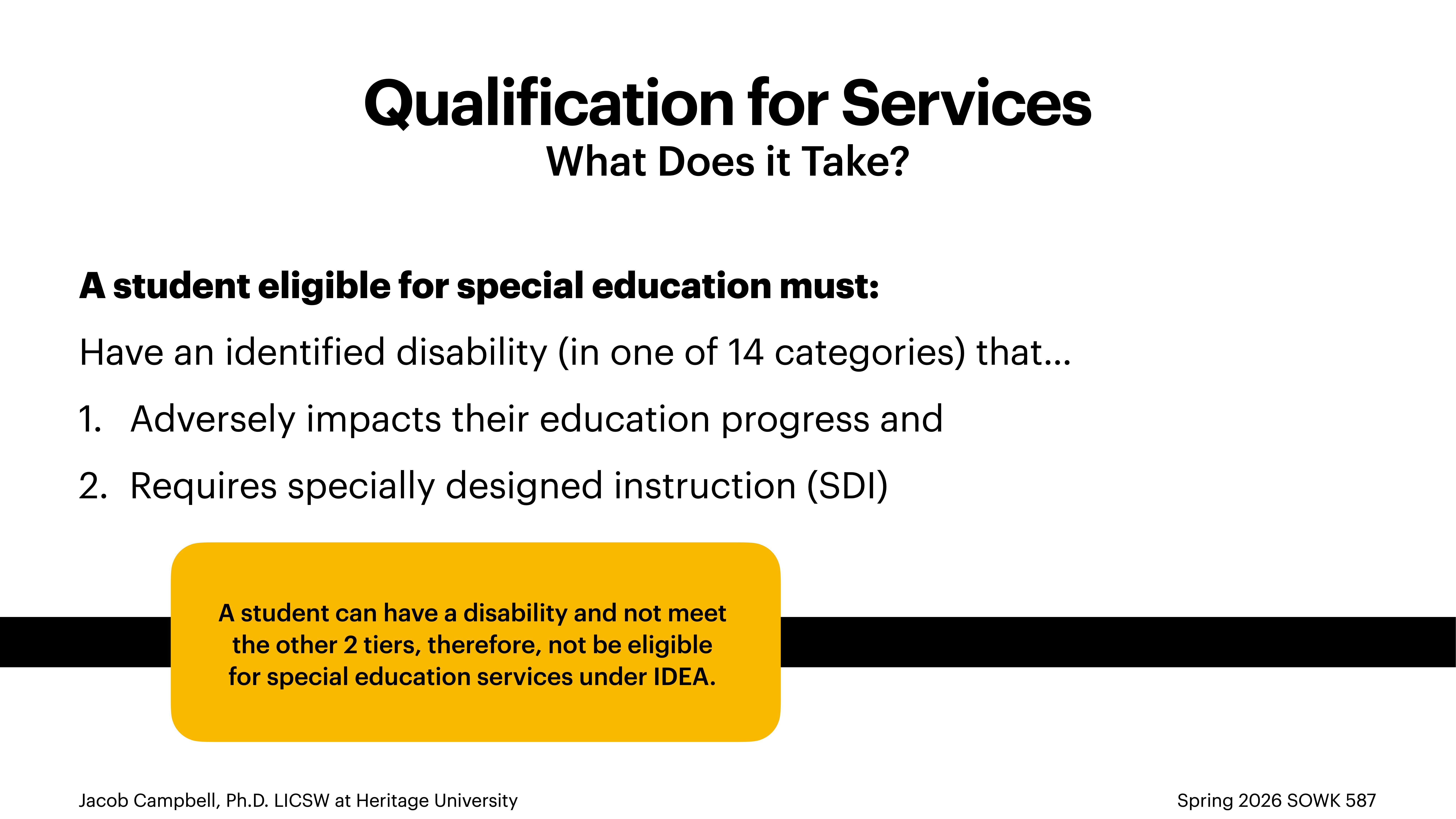 **Slide Content:** The slide explains special education qualifications. A student must have a disability impacting progress and need specially designed instruction. Yellow note: 'A disability without the criteria isn't enough for IDEA services.' Footer: Jacob Campbell, Ph.D., Heritage University, Spring 2026 SOWK 587.