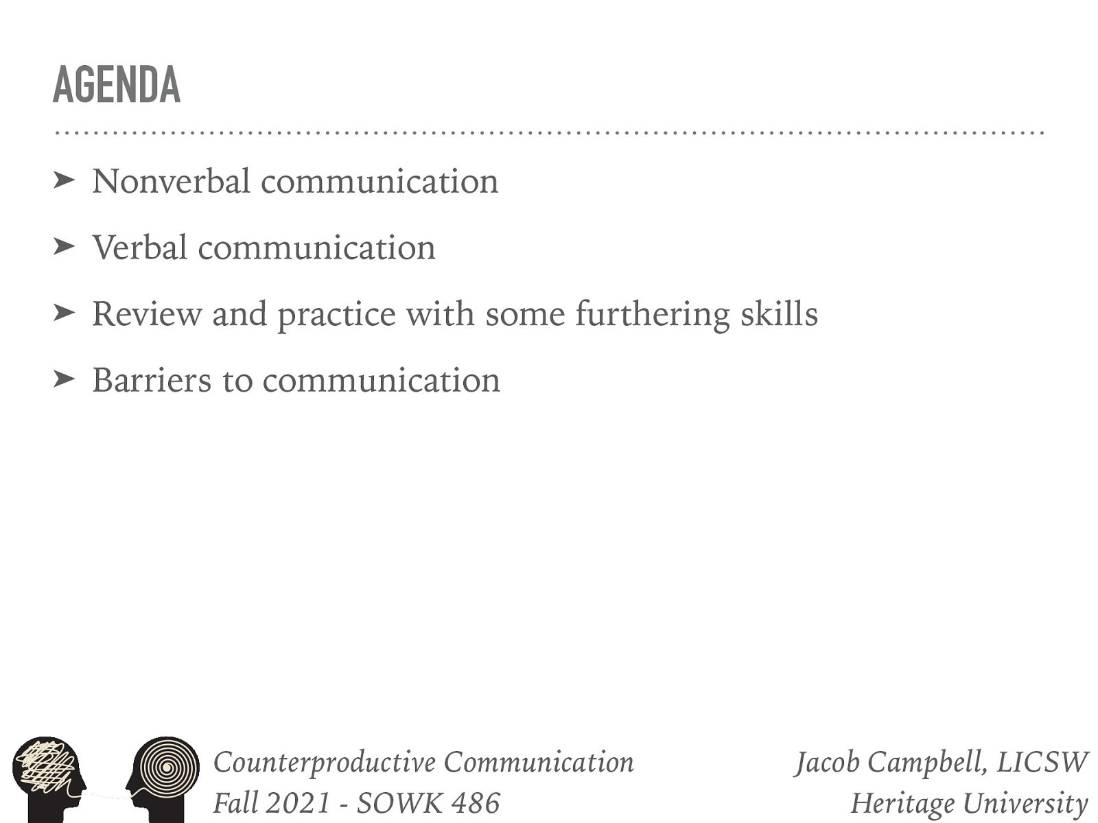  Nonverbal communication Verbal communication Review and practice with some furthering skills Barriers to communication 
