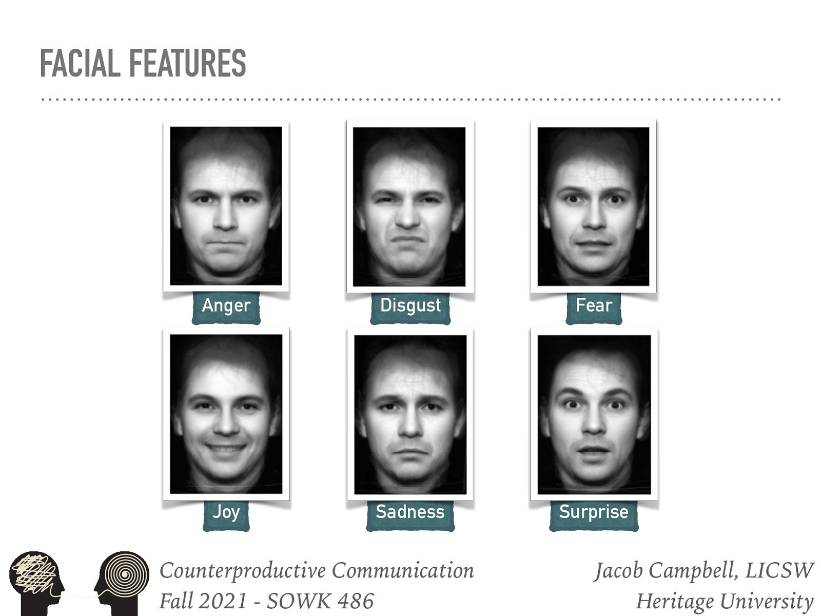  [Activity] What emotion are each of these facial features expressing?   Like everything in SW, It’s about self evaluation  Not only are are we looking at the facial features or affect of the client, but become aware of our own. Are our facial expressions corresponding with our other nonverbal behavior and what we are saying?   Facial expressions provide an excellent means of communication. Facial expressions can be used to reinforce what is said verbally and emphasize the fact that you mean what you say. We need to be concerned about if we have incongruence and leakage (e.g. feelings about client leaked out) 
