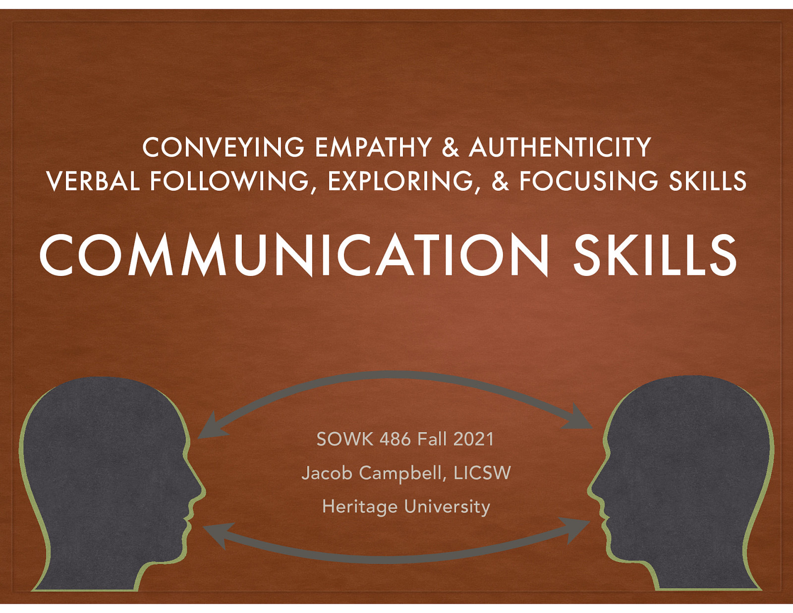 Week 05: 09/22/21 Content: Communication Skills Reading: Hepworth et al. (2017) chapters five and six Due: A-02: Reading Quiz for chapters five and six is due at 5:30 PM before class via My Heritage