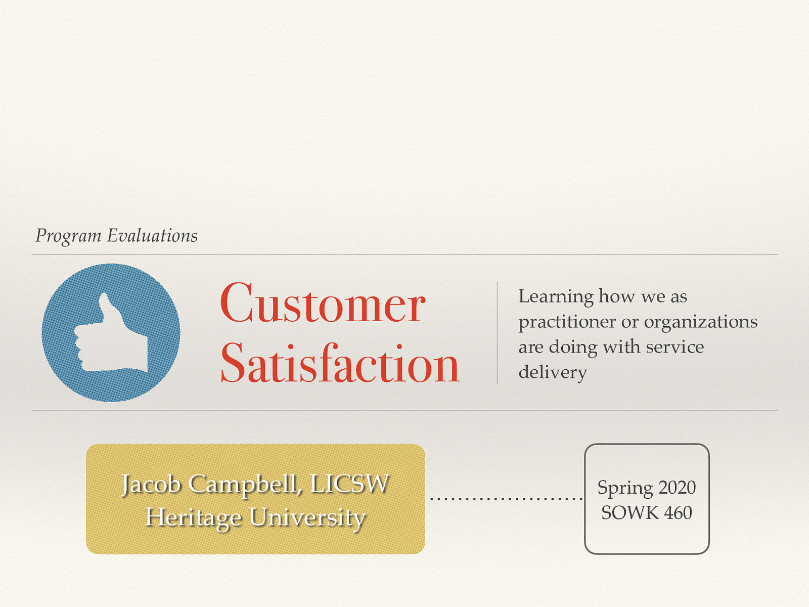 Program Evaluations Customer Satisfaction Jacob Campbell, LICSW Heritage University Learning how we as practitioner or organizations are doing with service delivery Spring 2020 SOWK 460
