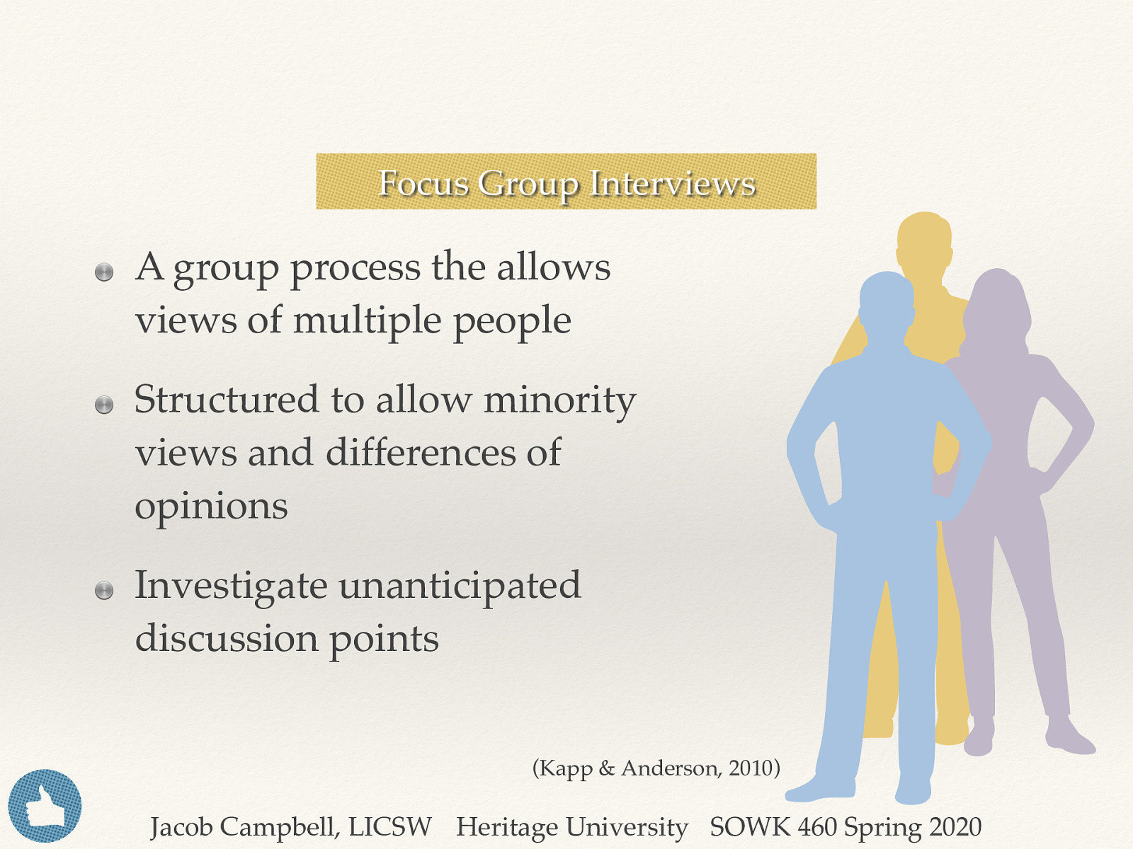 Focus Group Interviews A group process the allows views of multiple people Structured to allow minority views and differences of opinions Investigate unanticipated discussion points (Kapp & Anderson, 2010) Jacob Campbell, LICSW Heritage University SOWK 460 Spring 2020
