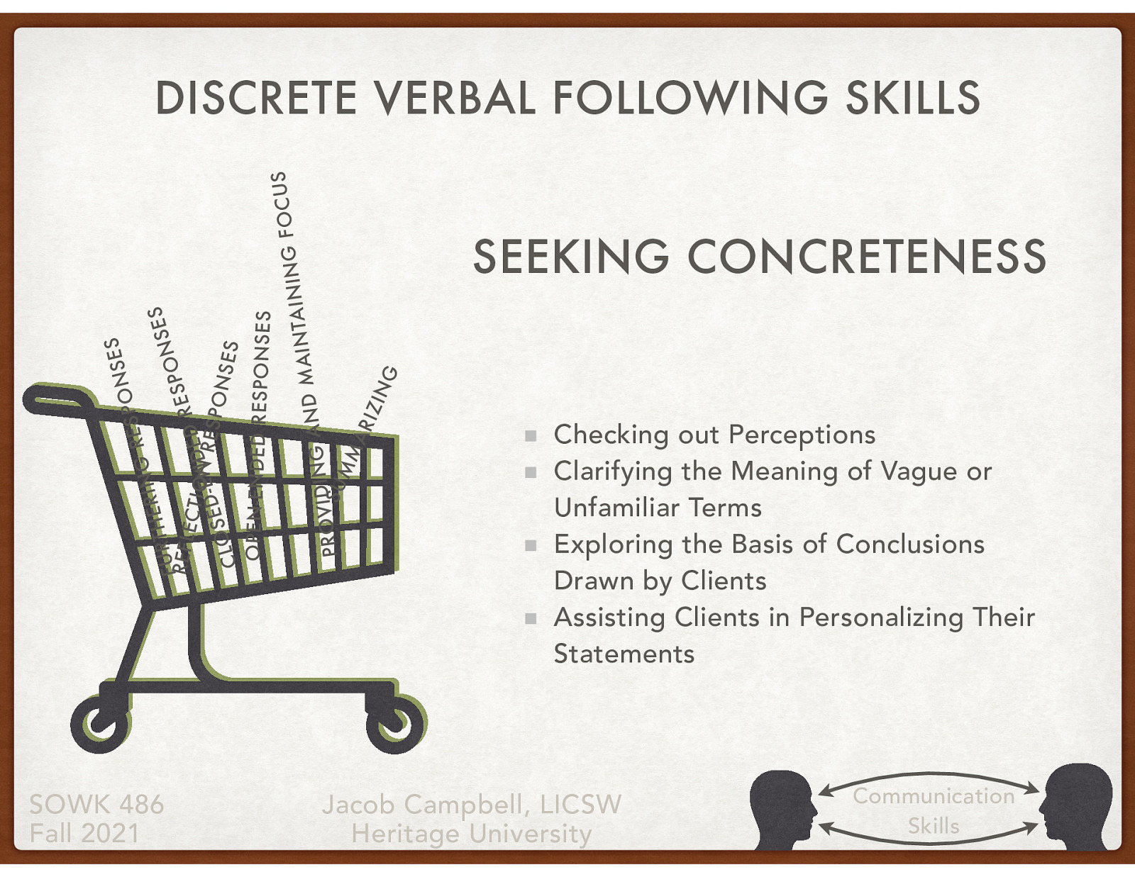  Seeking concreteness is an important aspect of drawing out information from a client. We can use it to obtain concreteness in a number of areas:    Checking out Perceptions: Understanding how they view the world  Clarifying the Meaning of Vague or Unfamiliar Terms: Clients often times use vague terms. What does this actually mean?  Exploring the Basis of Conclusions Drawn by Clients: Why do they think things are this way  Assisting Clients in Personalizing Their Statements: Helping understand what it means for them…  Focus on self Focus on others Focus on group or relationships Focus on content   
